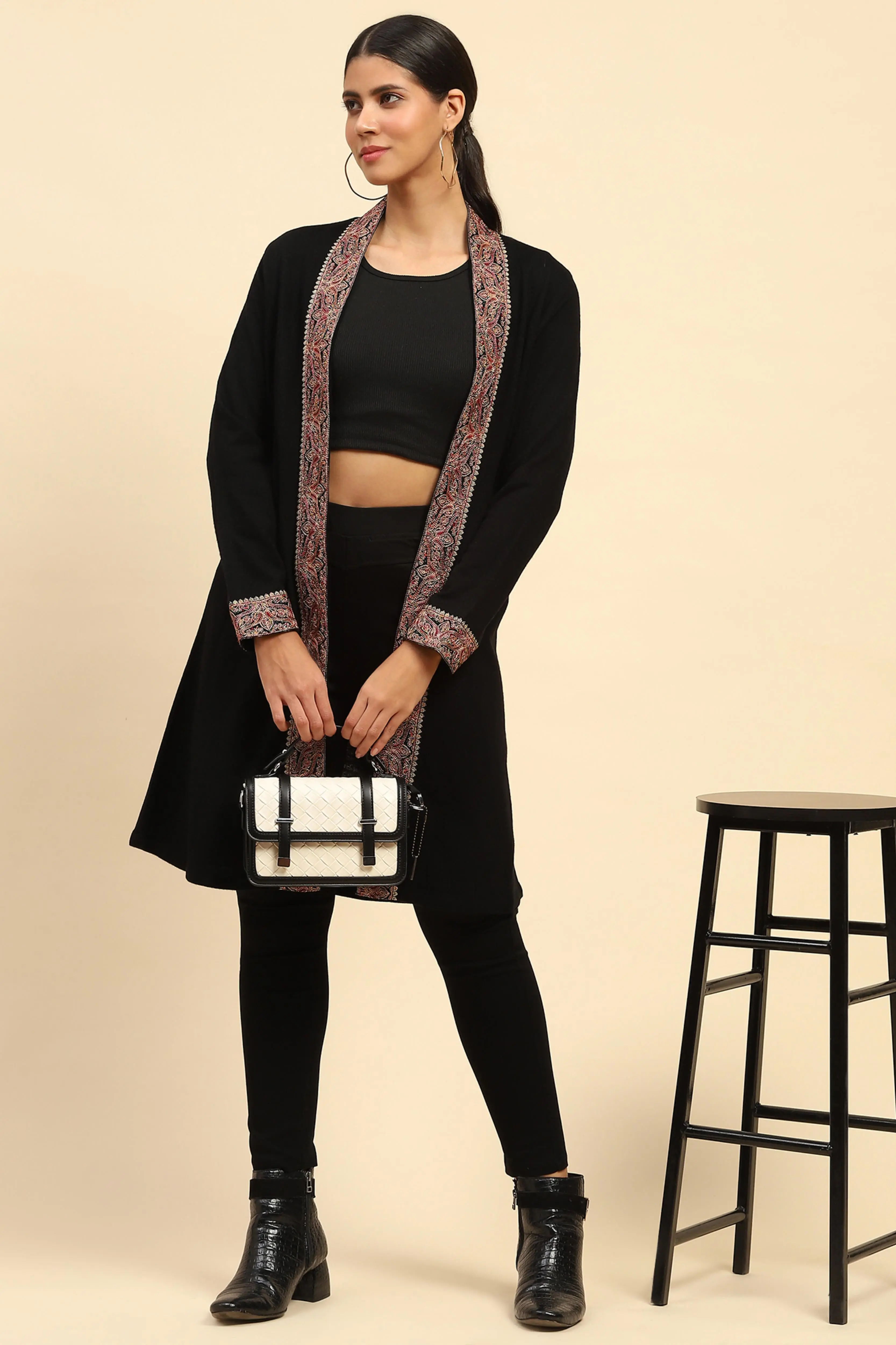 Black Woolen Thread Embroidered Shrug - Image 6