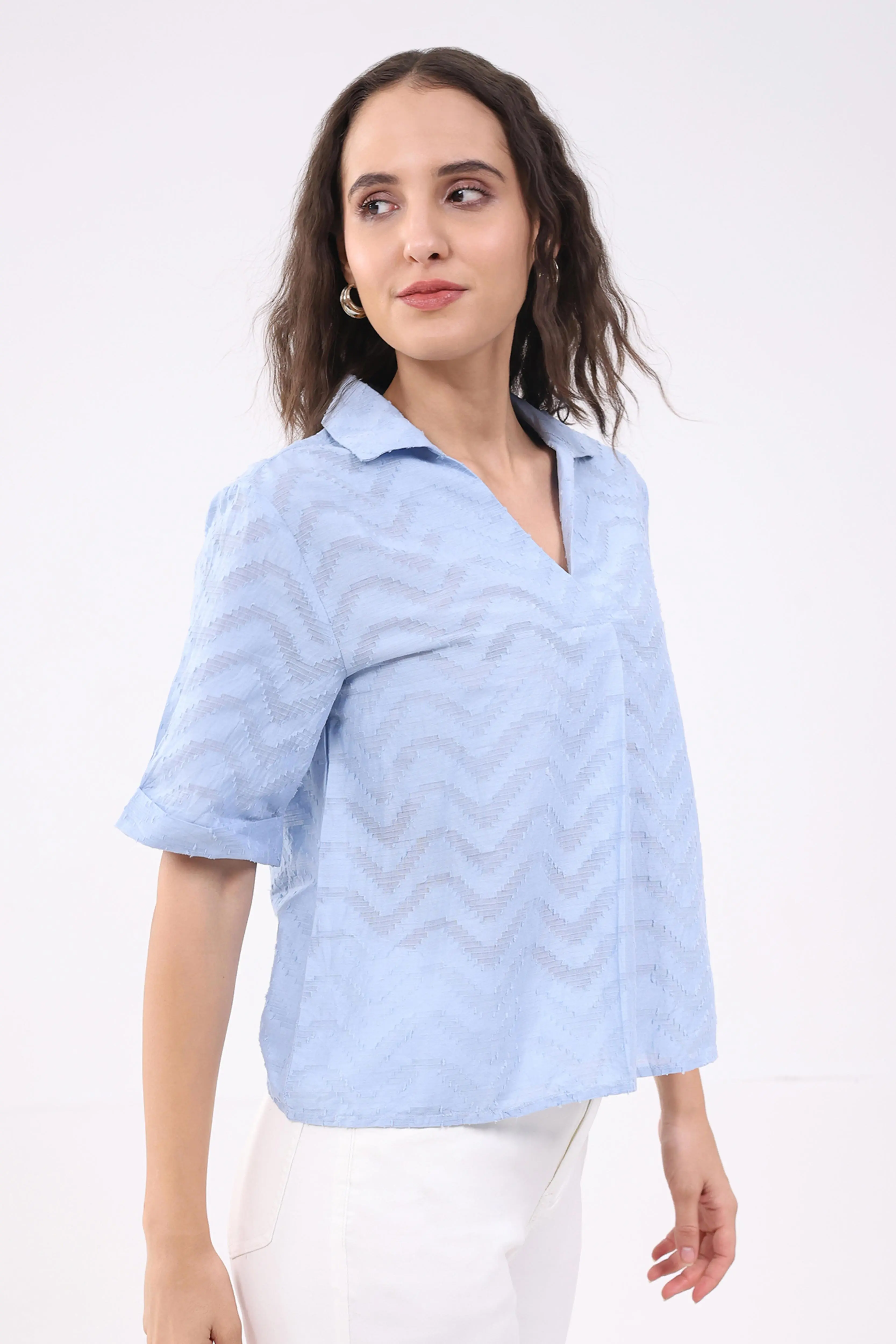 Blue Blouson Dobby Cotton Top - Image 3