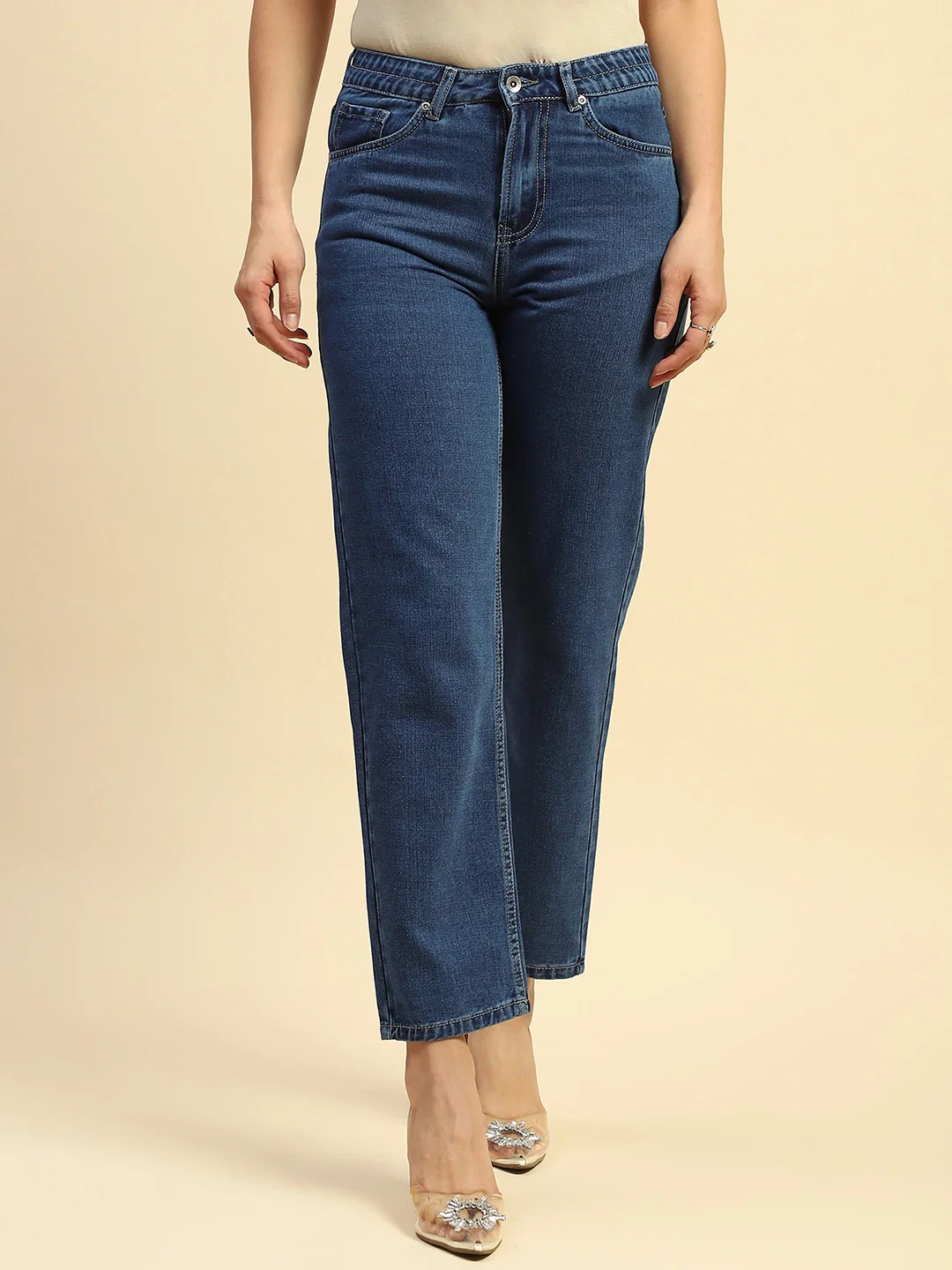 Blue Cotton Blend Mom Fit Jeans - Image 11