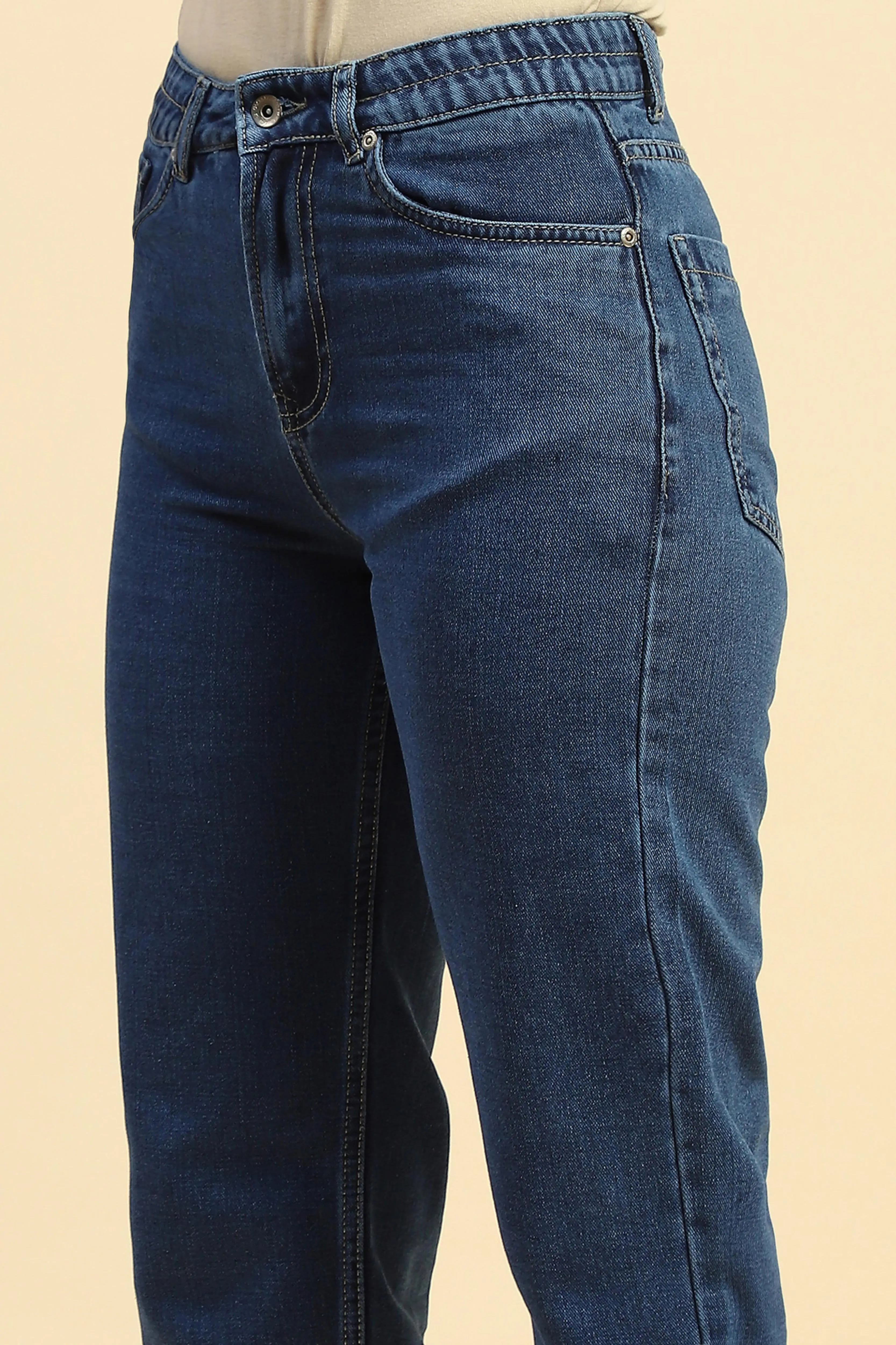 Blue Cotton Blend Mom Fit Jeans - Image 5