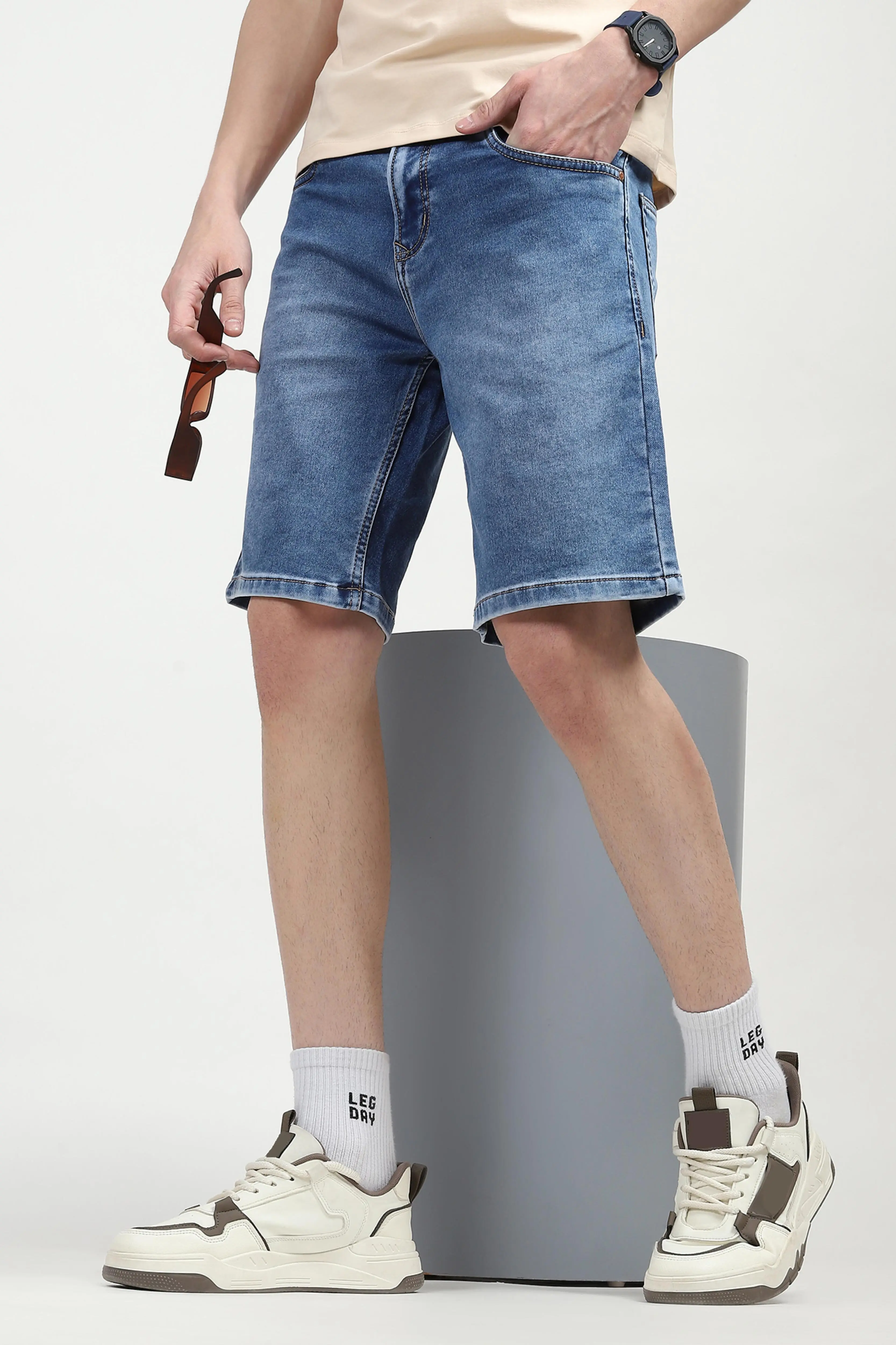 Blue Cotton Denim Shorts - Image 7