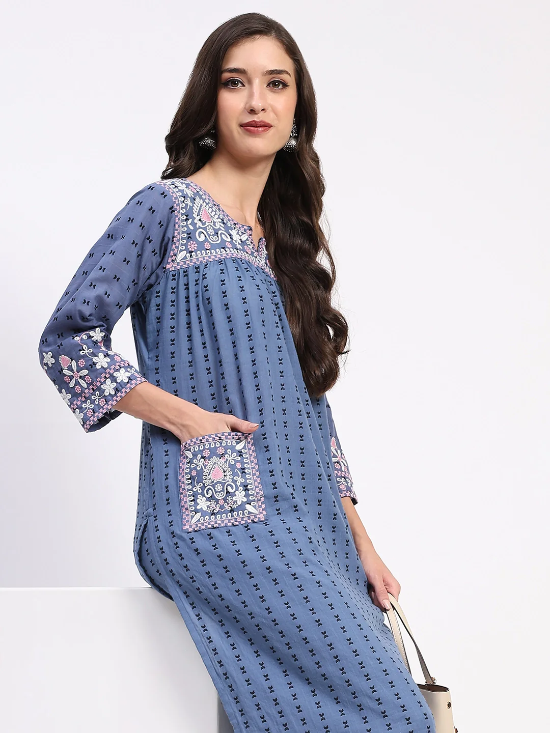 Blue Cotton Dobby Embroidered Kurta Set - Image 12