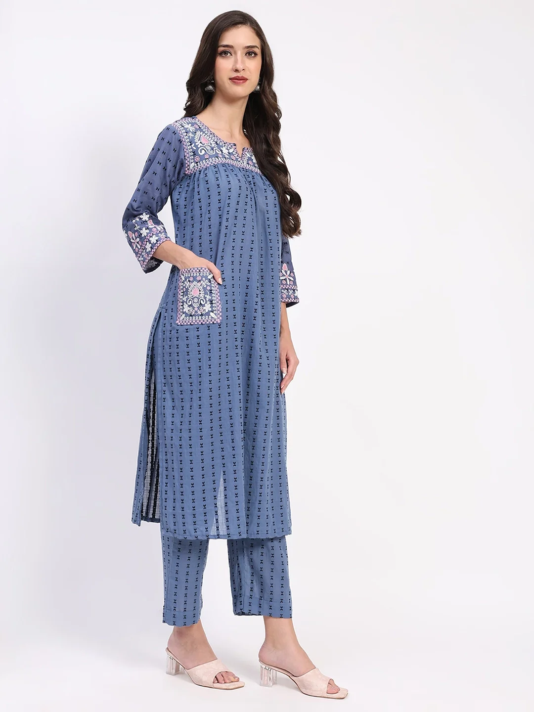 Blue Cotton Dobby Embroidered Kurta Set - Image 6