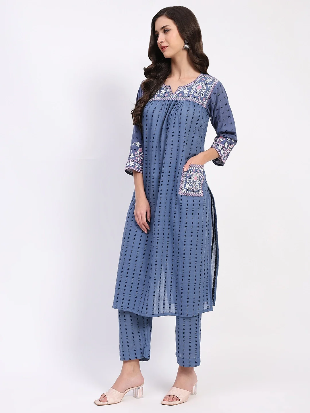 Blue Cotton Dobby Embroidered Kurta Set - Image 7