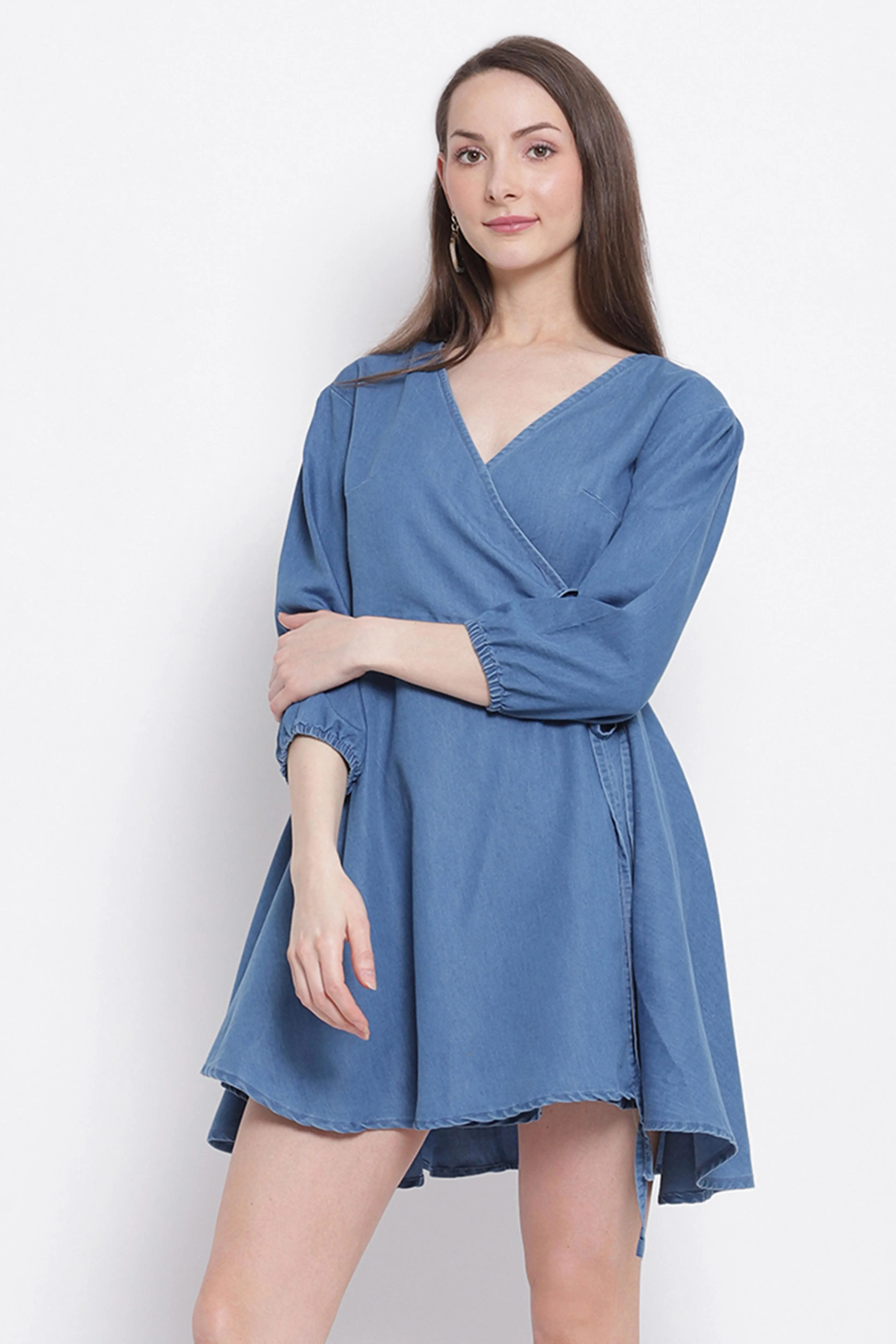 Blue Cotton Flared Denim Dress - Image 3