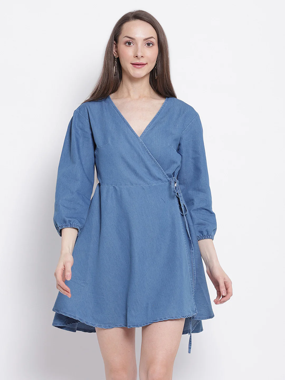 Blue Cotton Flared Denim Dress - Image 7