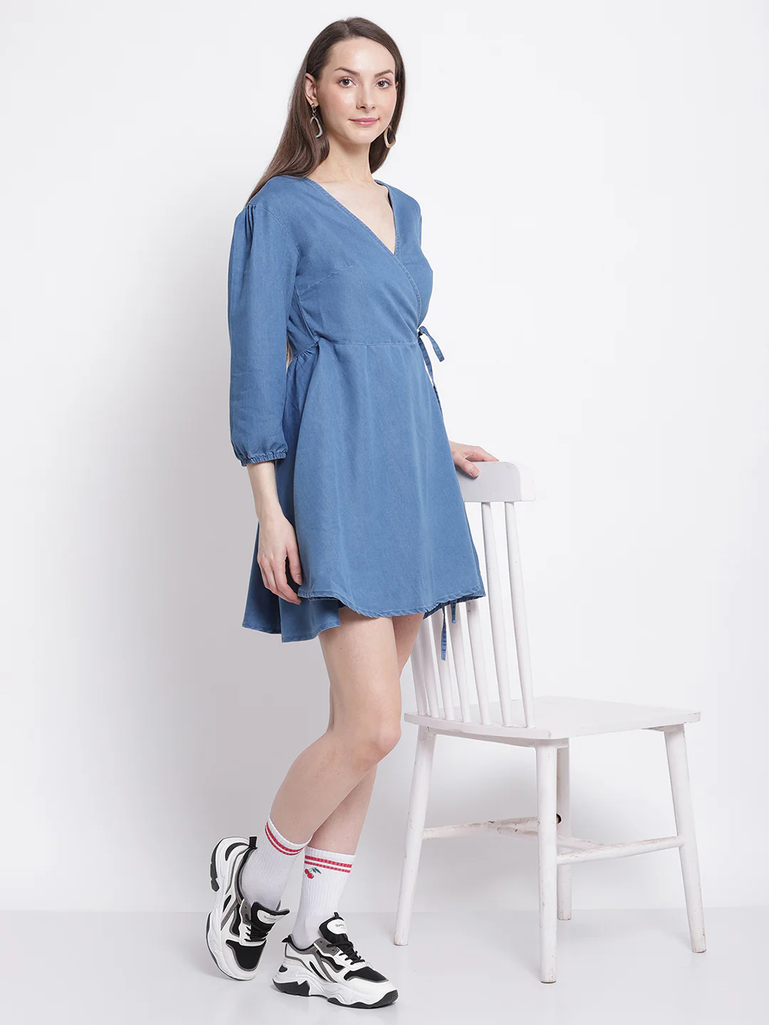 Blue Cotton Flared Denim Dress - Image 8
