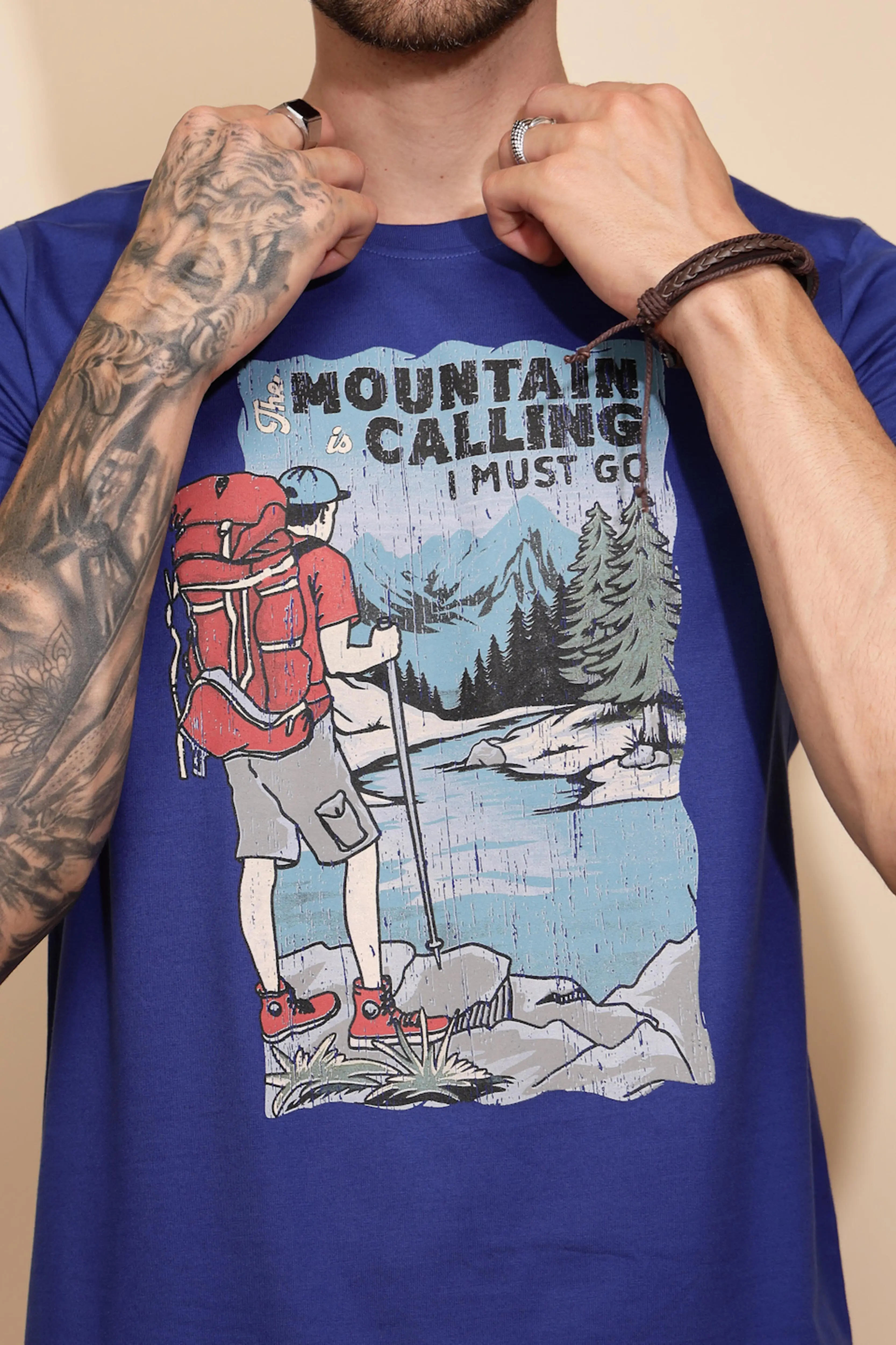 Blue Cotton Regular Fit T-Shirt For Men - Image 5