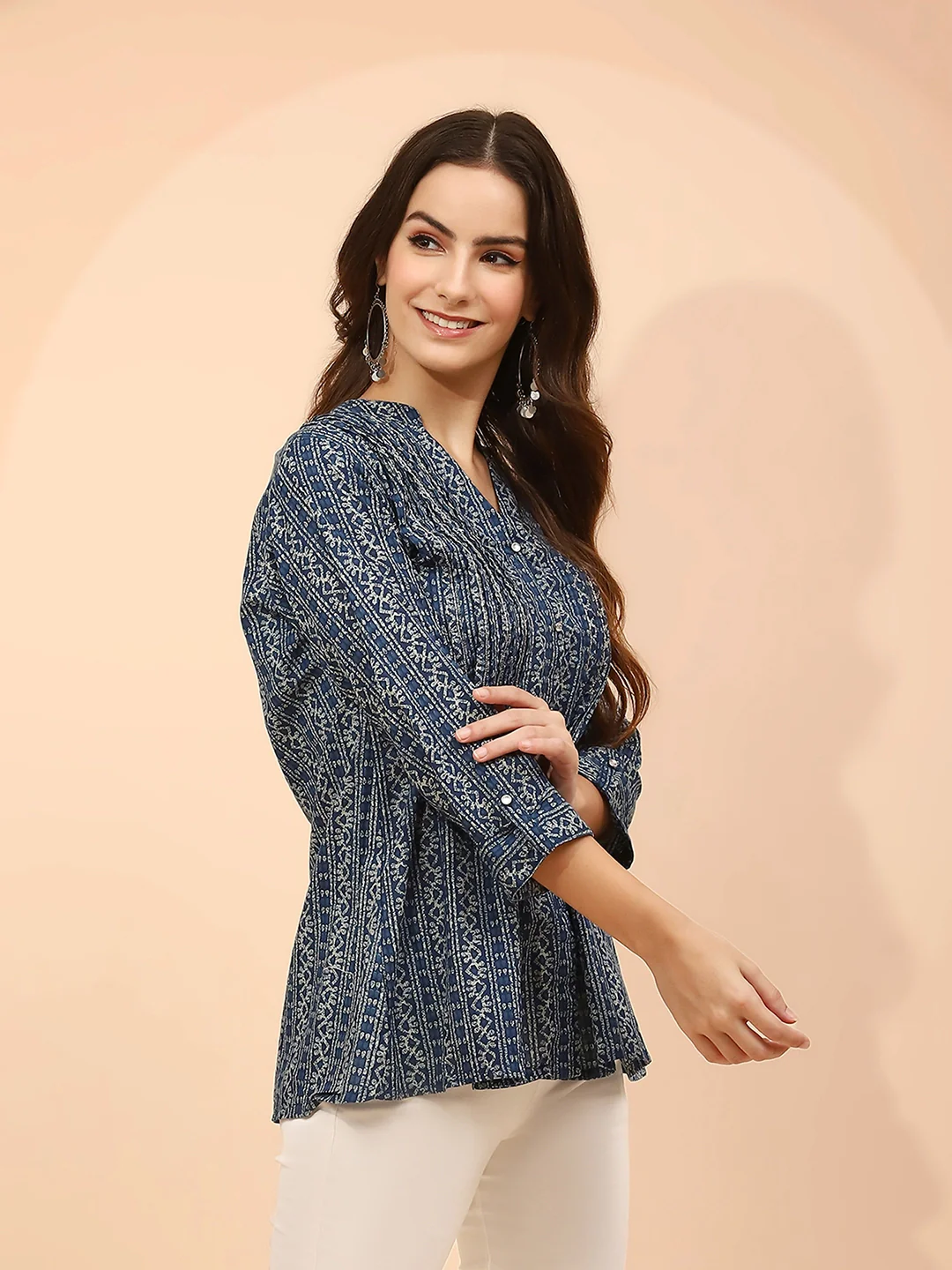 Blue Printed Cotton V-Neck Tunic - Image 10