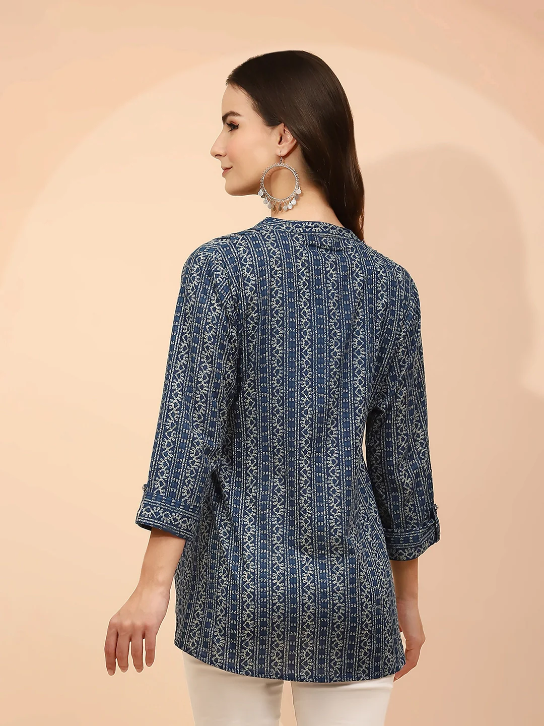 Blue Printed Cotton V-Neck Tunic - Image 12
