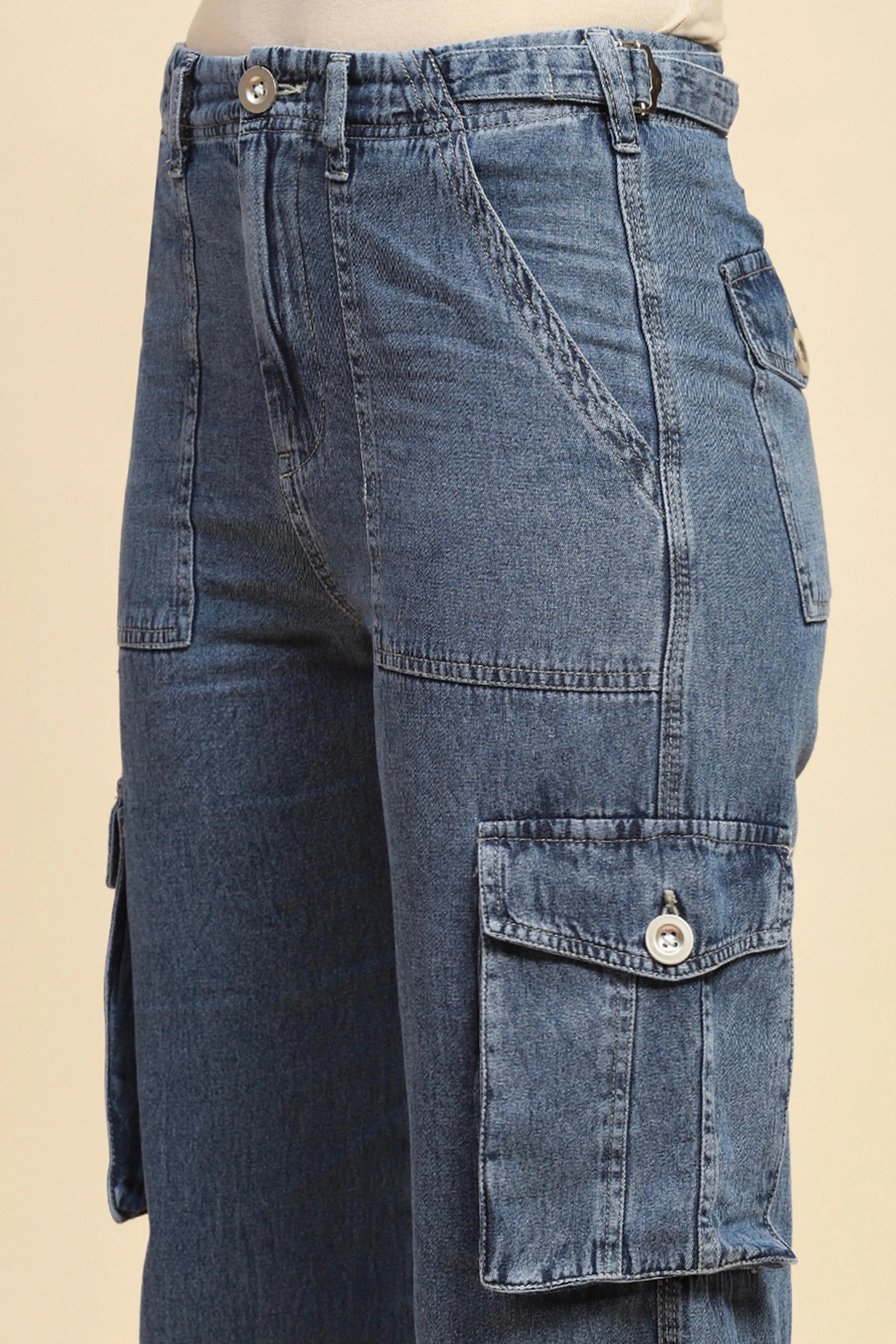 Blue Cotton Straight Relaxed Fit Cargo - Image 5