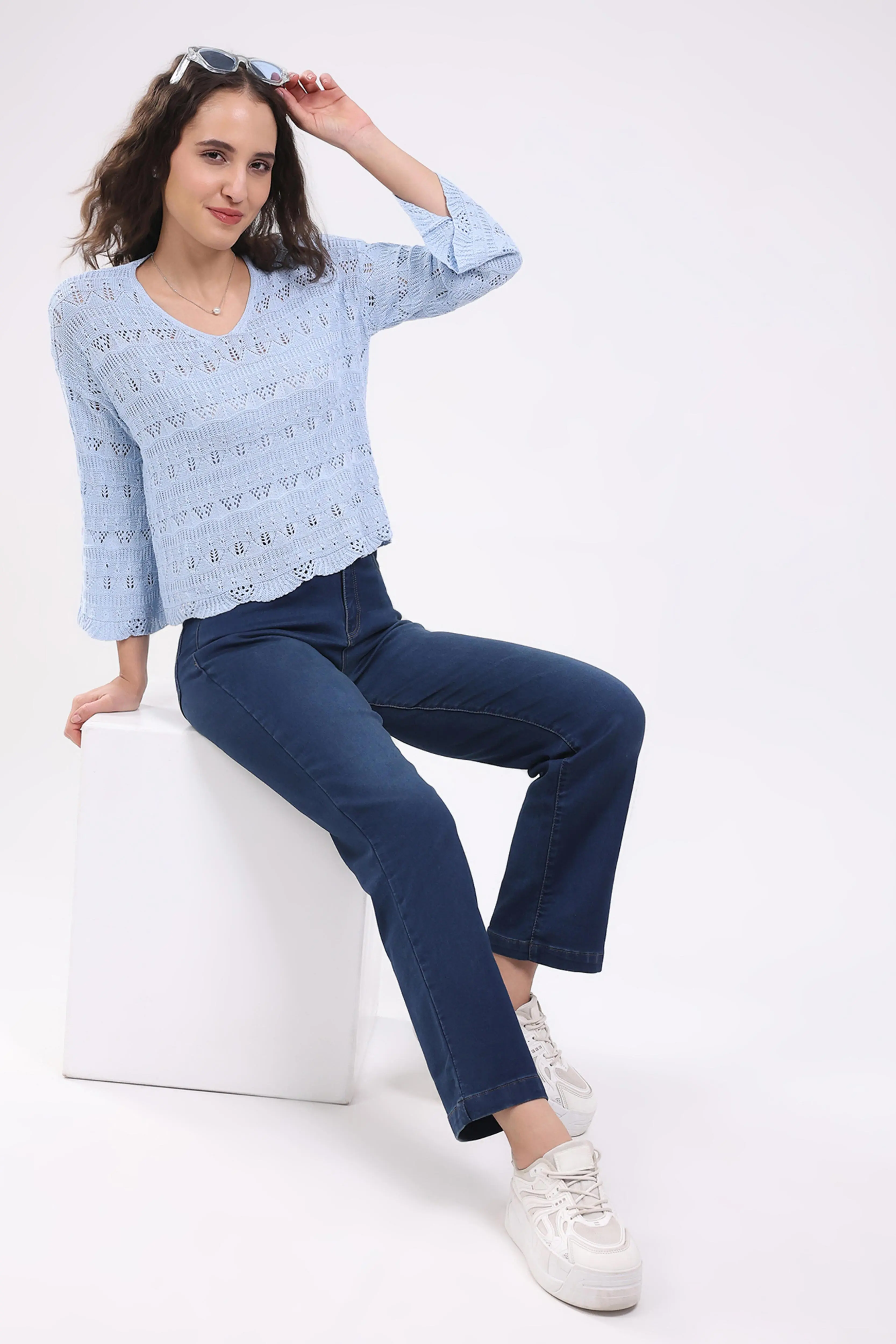 Blue Crochet Bell Sleeve Top - Image 6