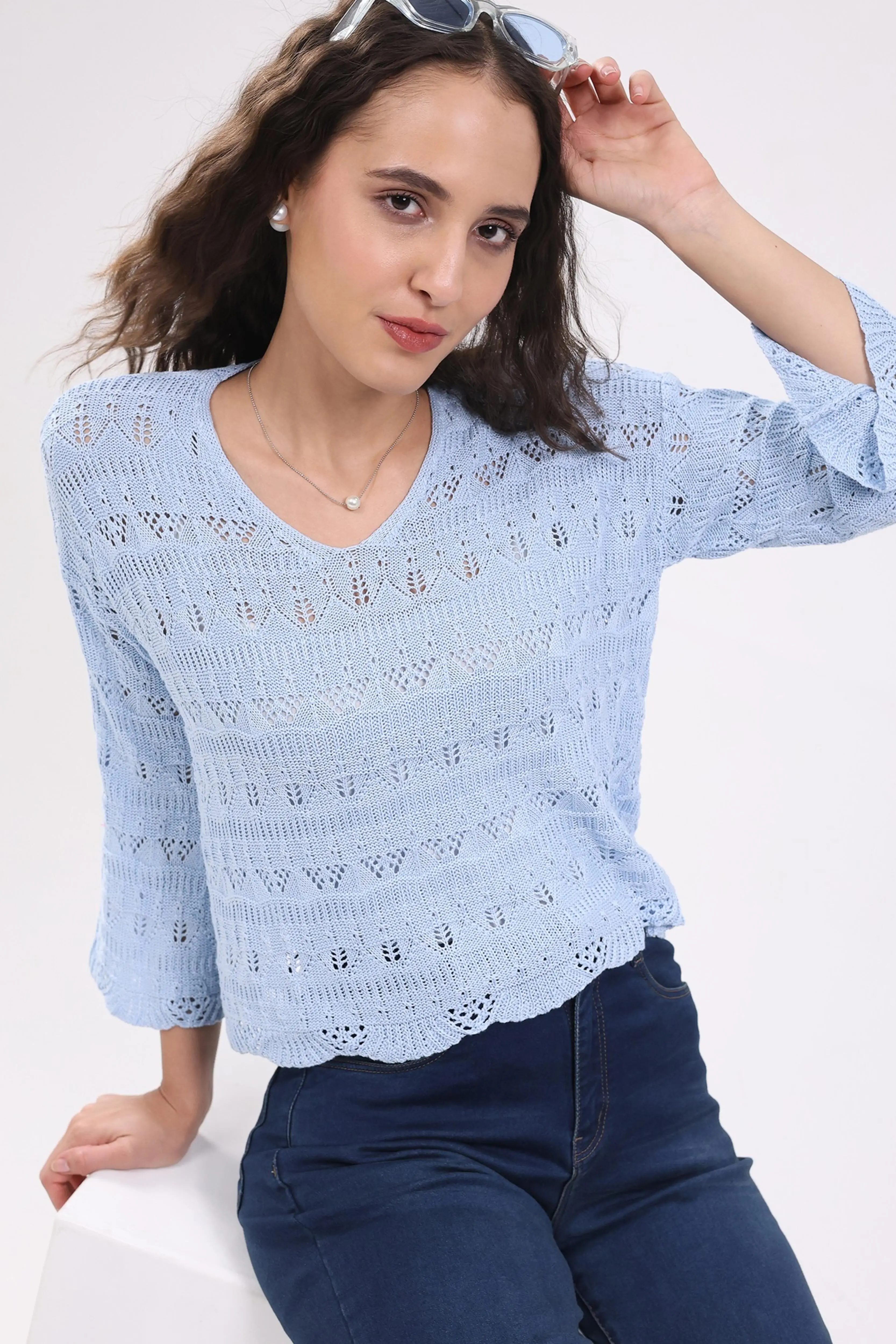 Blue Crochet Bell Sleeve Top - Image 7
