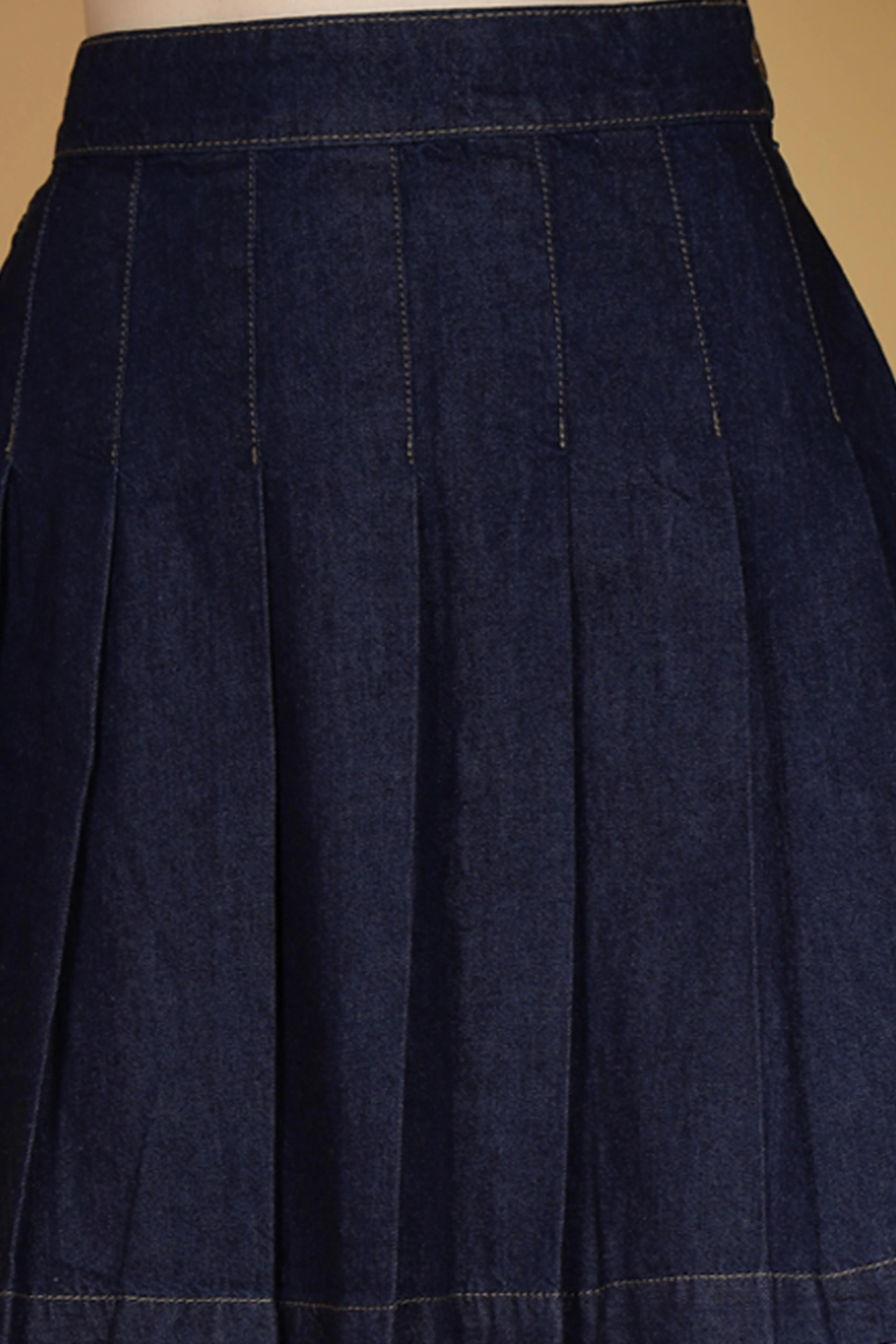 Blue Denim Cotton Pleated Skirt - Image 5