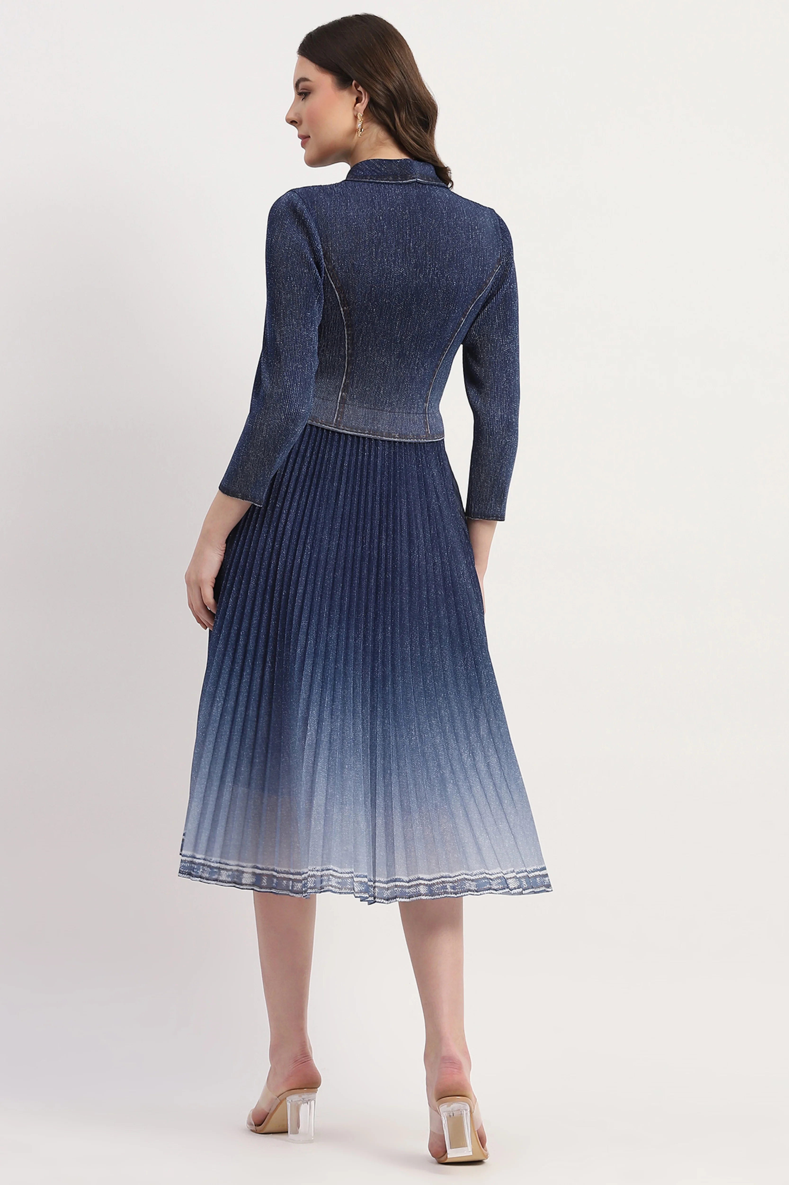 Blue Denim-Look Pleated Midi Dress - Image 5