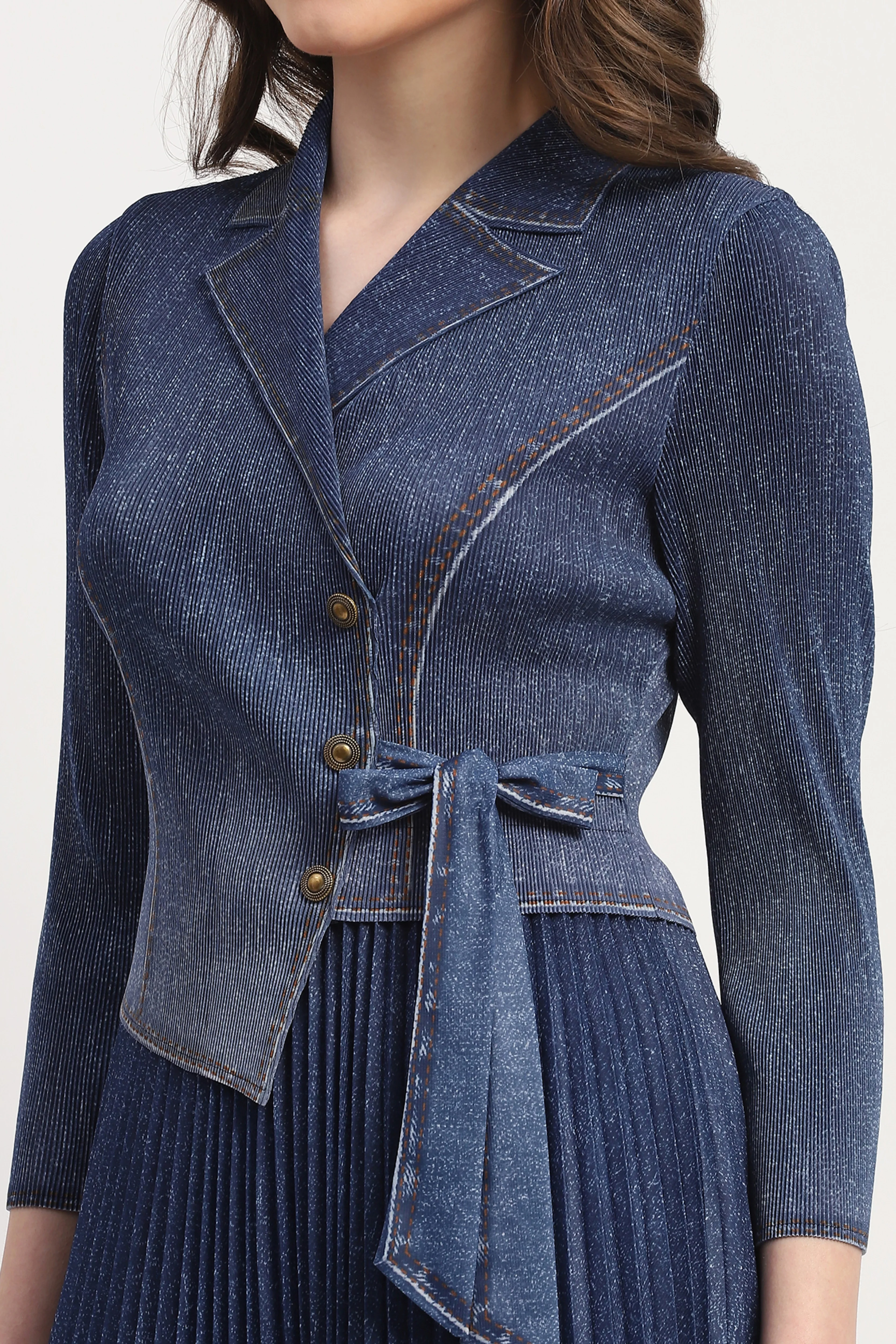 Blue Denim-Look Pleated Midi Dress - Image 6