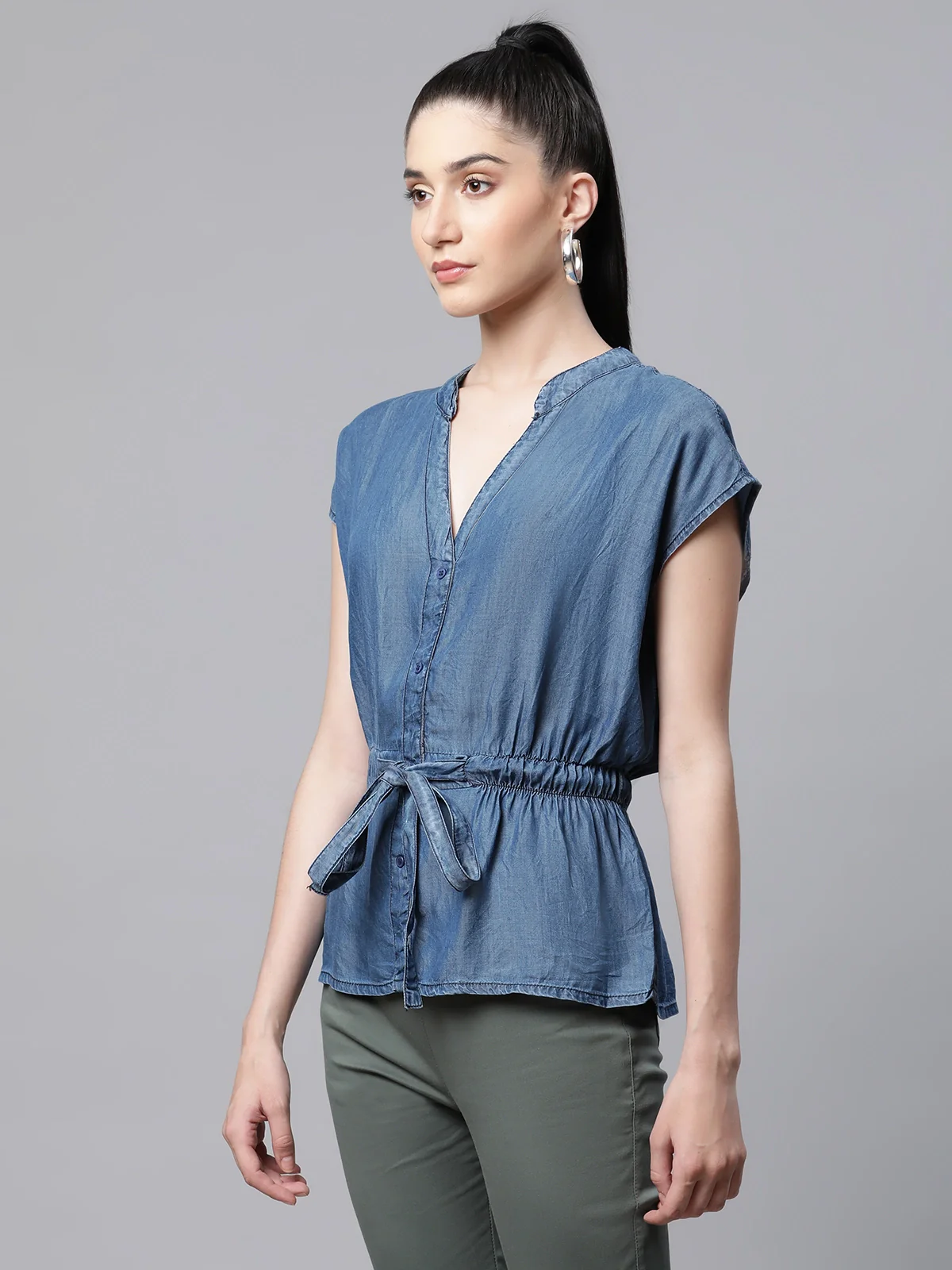 Blue Denim Regular Fit Blouson Top - Image 3