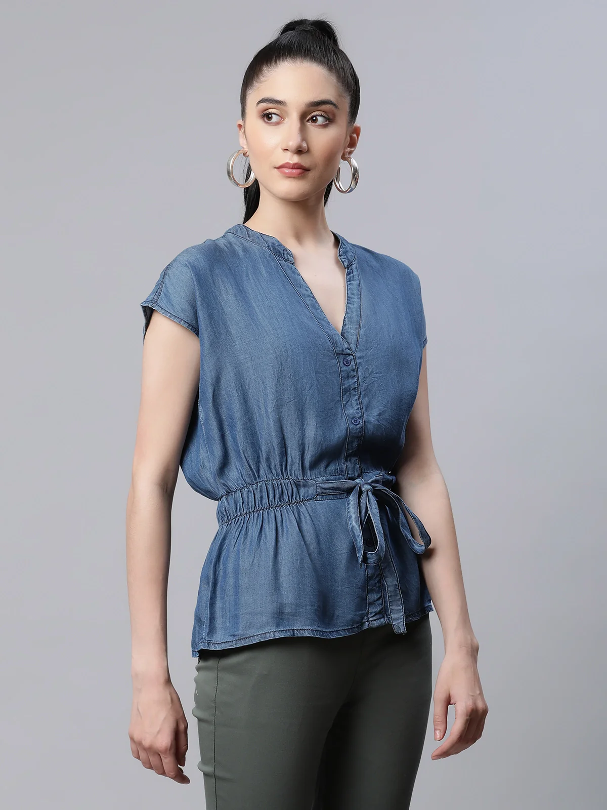 Blue Denim Regular Fit Blouson Top - Image 4