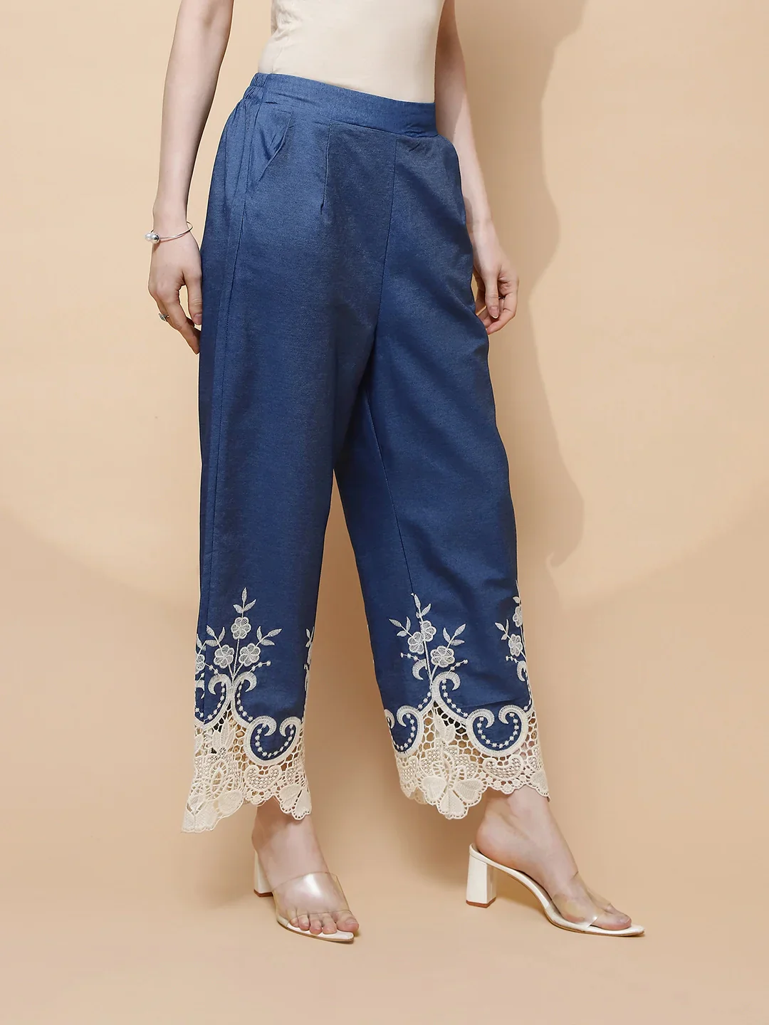 Blue Embroidered Cotton Blend Lower - Image 4