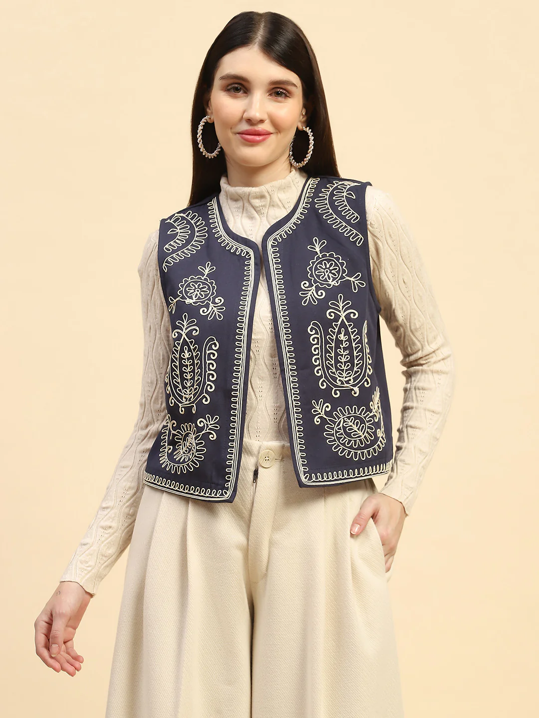 Blue Embroidered Cotton Waist Coat