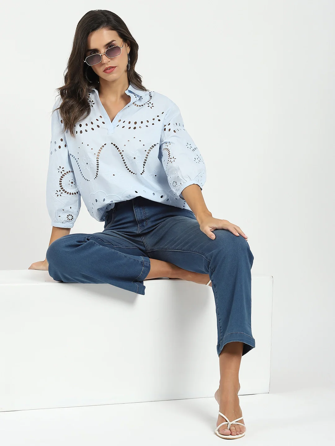 Blue Embroidered Schiffli Top - Image 7