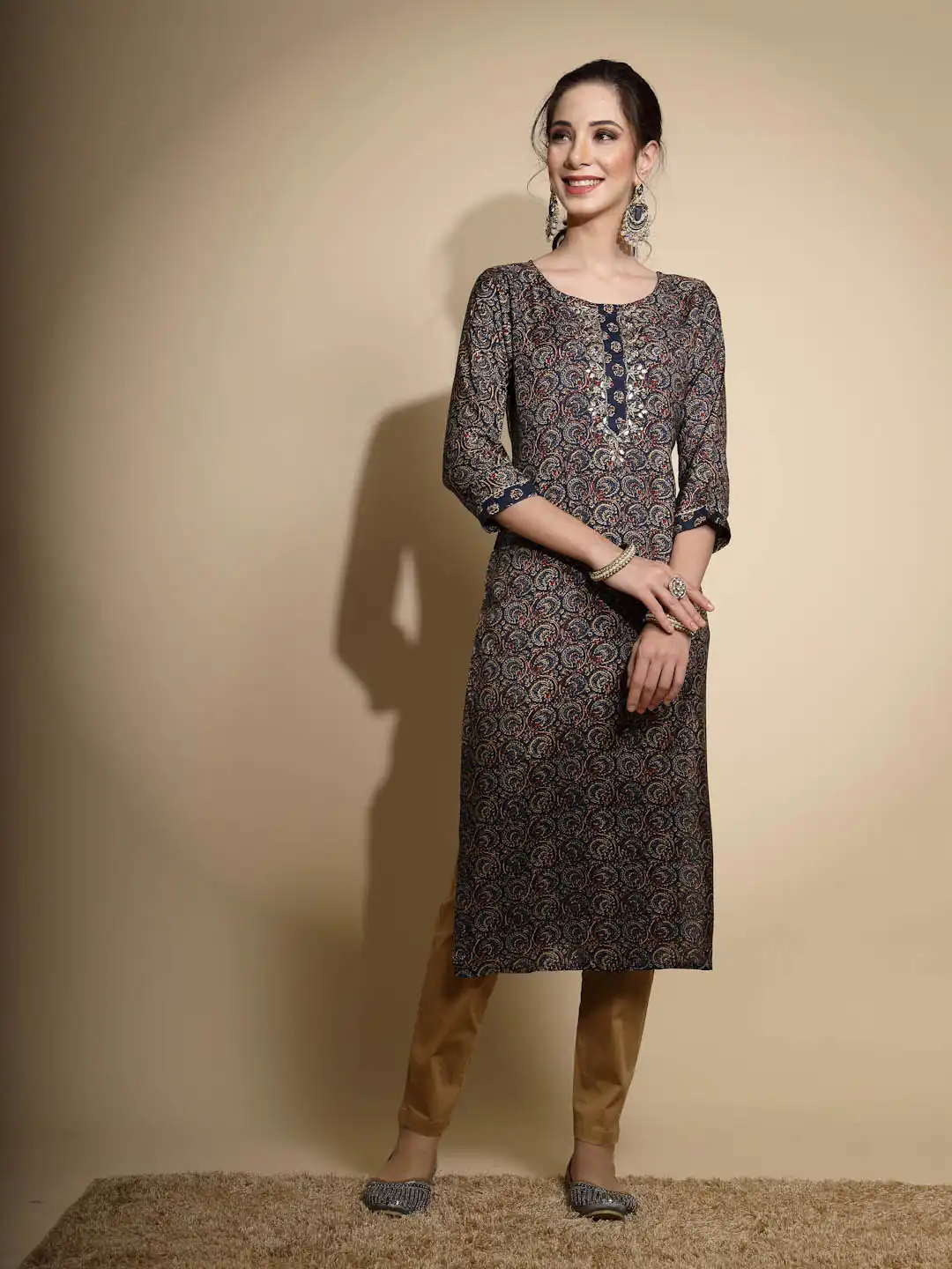 Blue Embroidered Cotton Blend Kurta