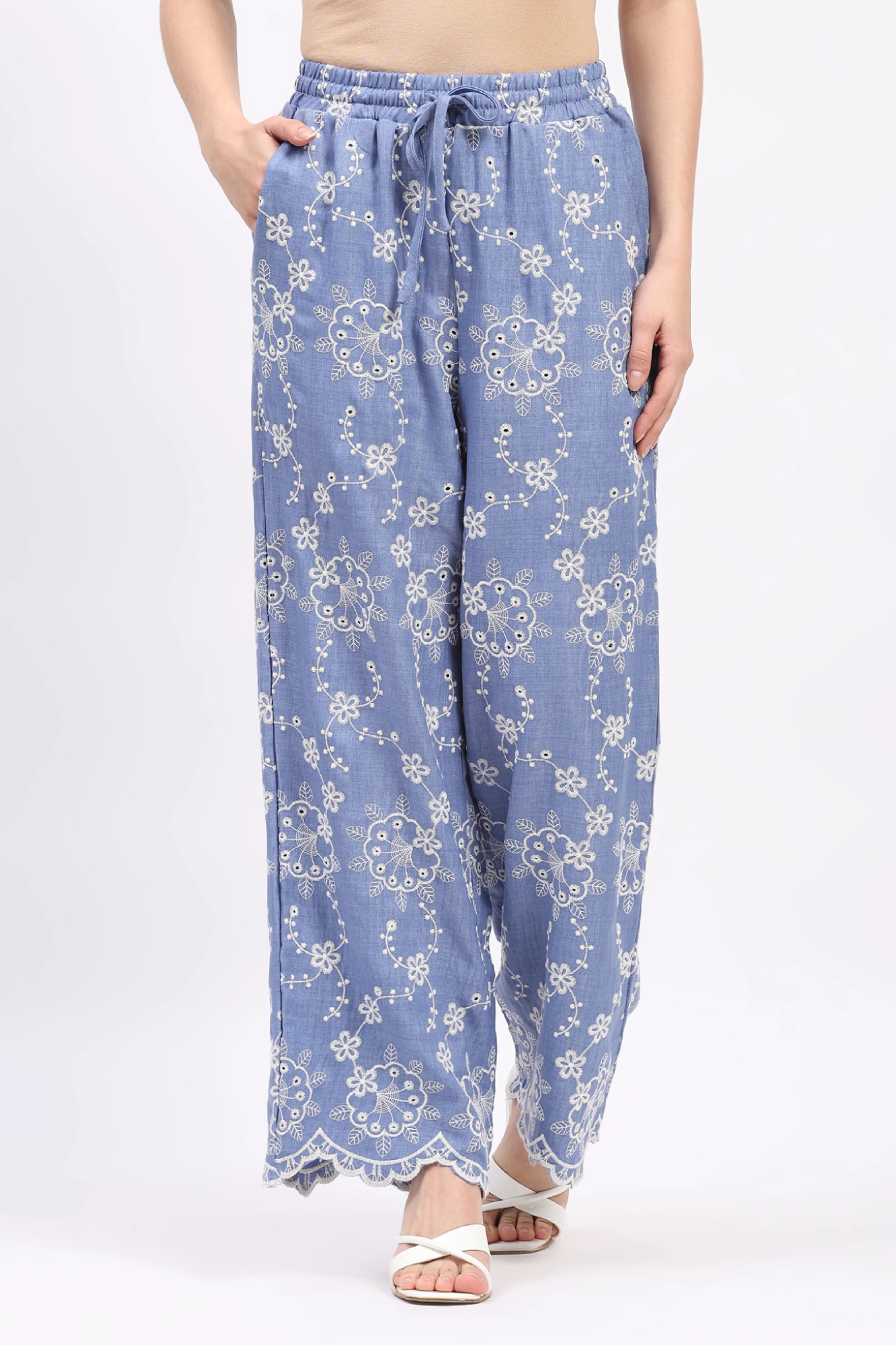 Blue Floral Embroidered Bishop-Sleeve Co-ord Set - Image 4