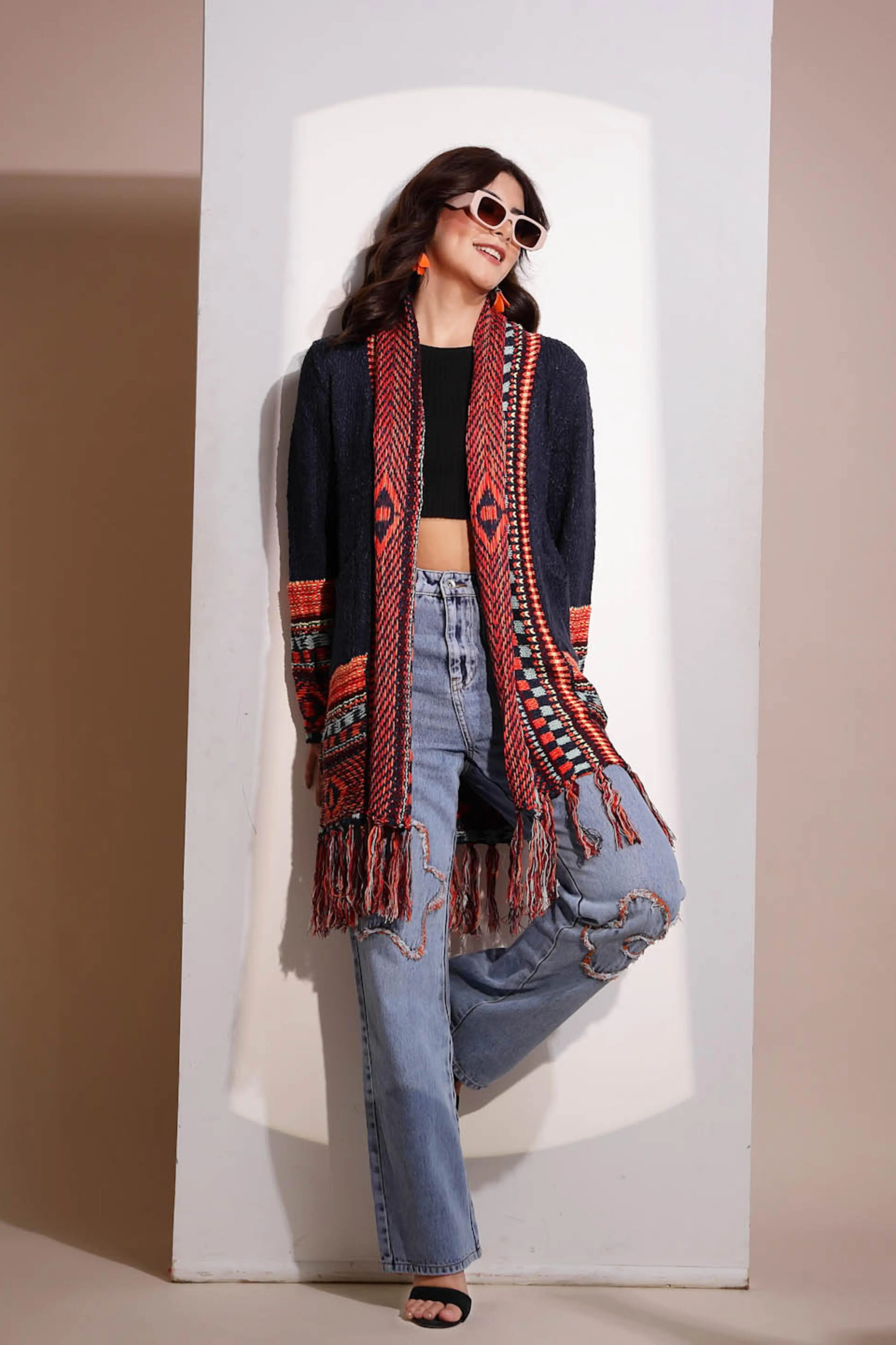 Blue Geometric Print Full Sleeve Collared Neck Knitted Shrug - Image 6