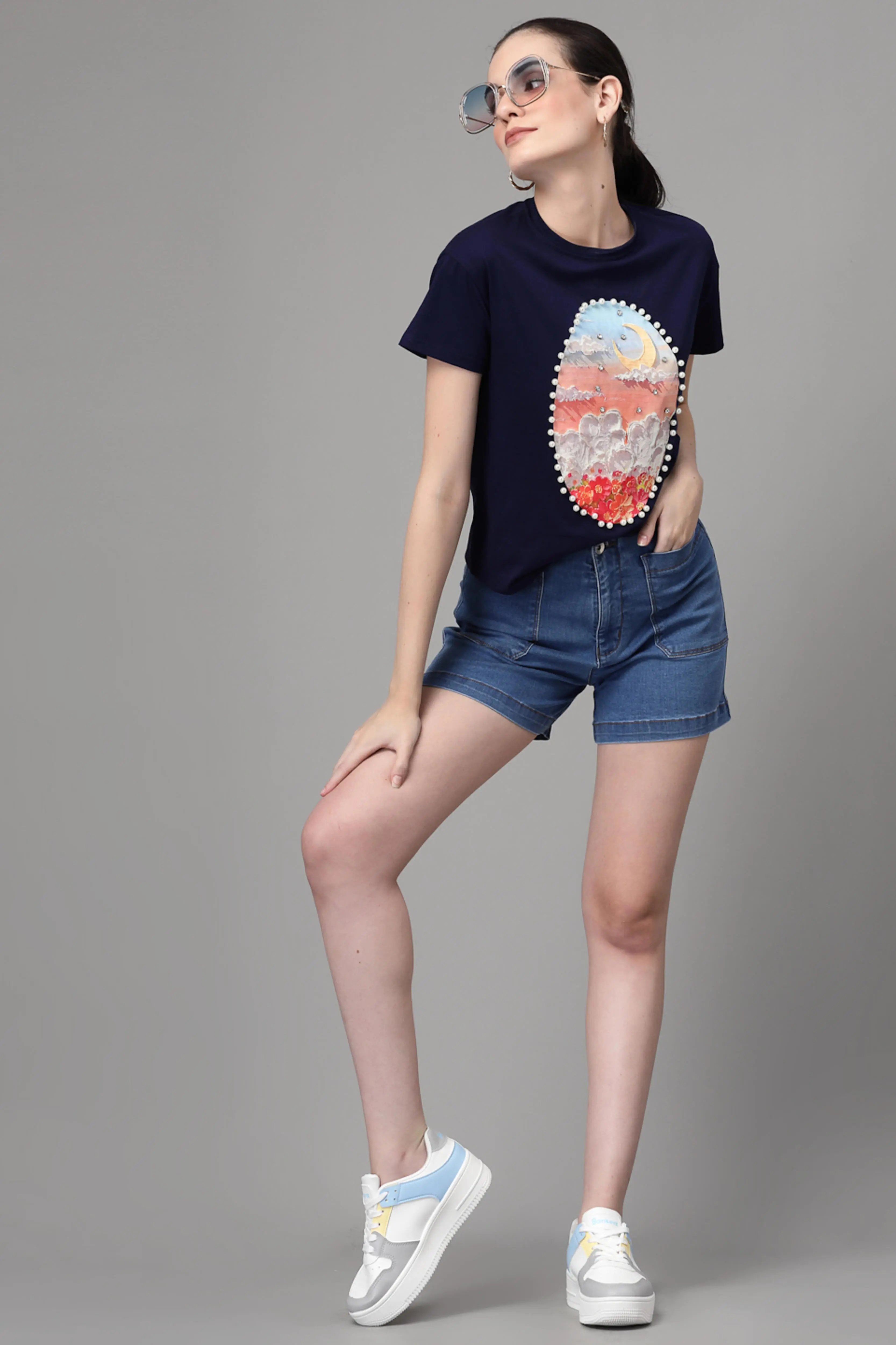 Blue Graphic Print Cotton Blend T-Shirt - Image 5