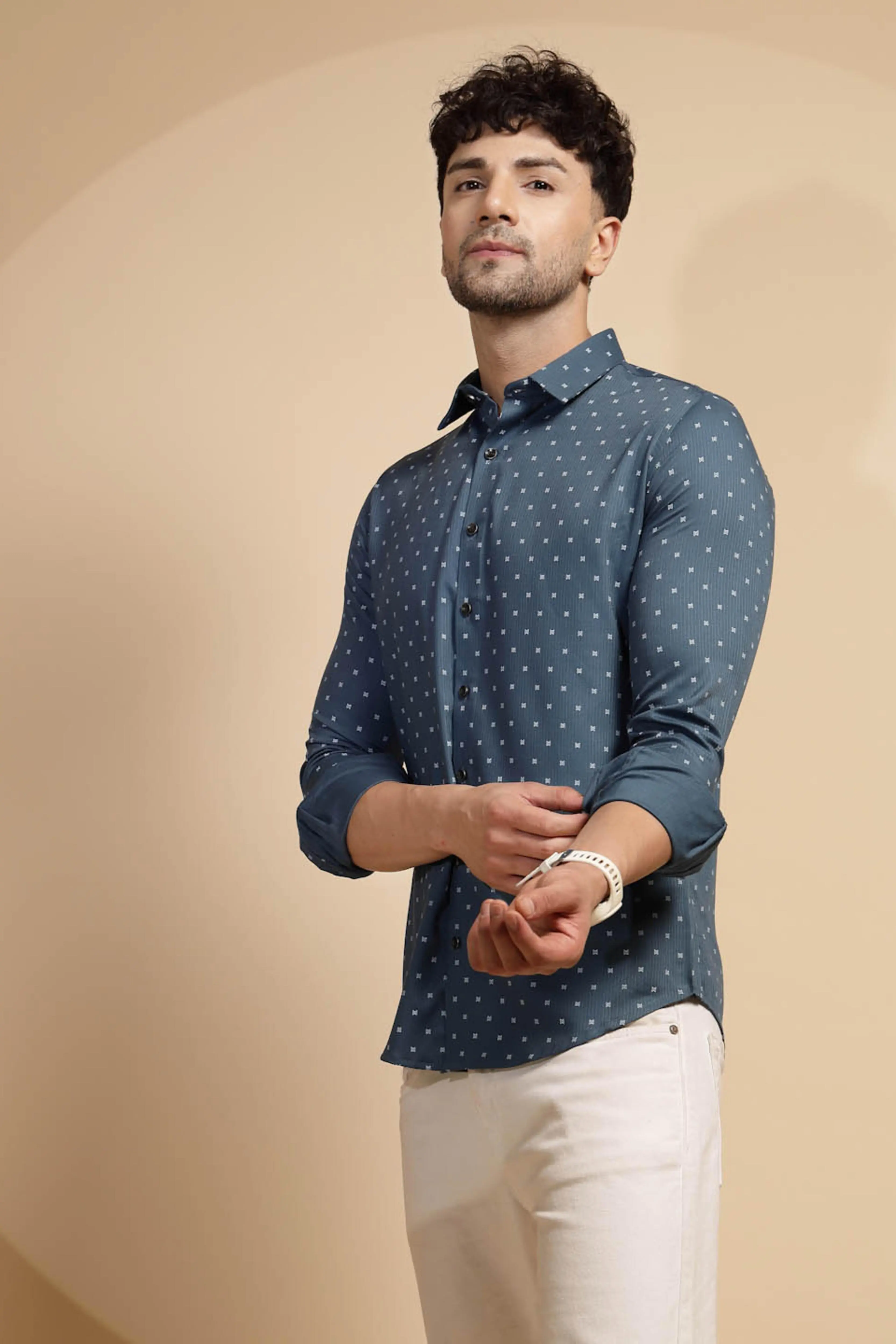Blue Printed Full Sleeve Collared Neck Shirt - Image 2