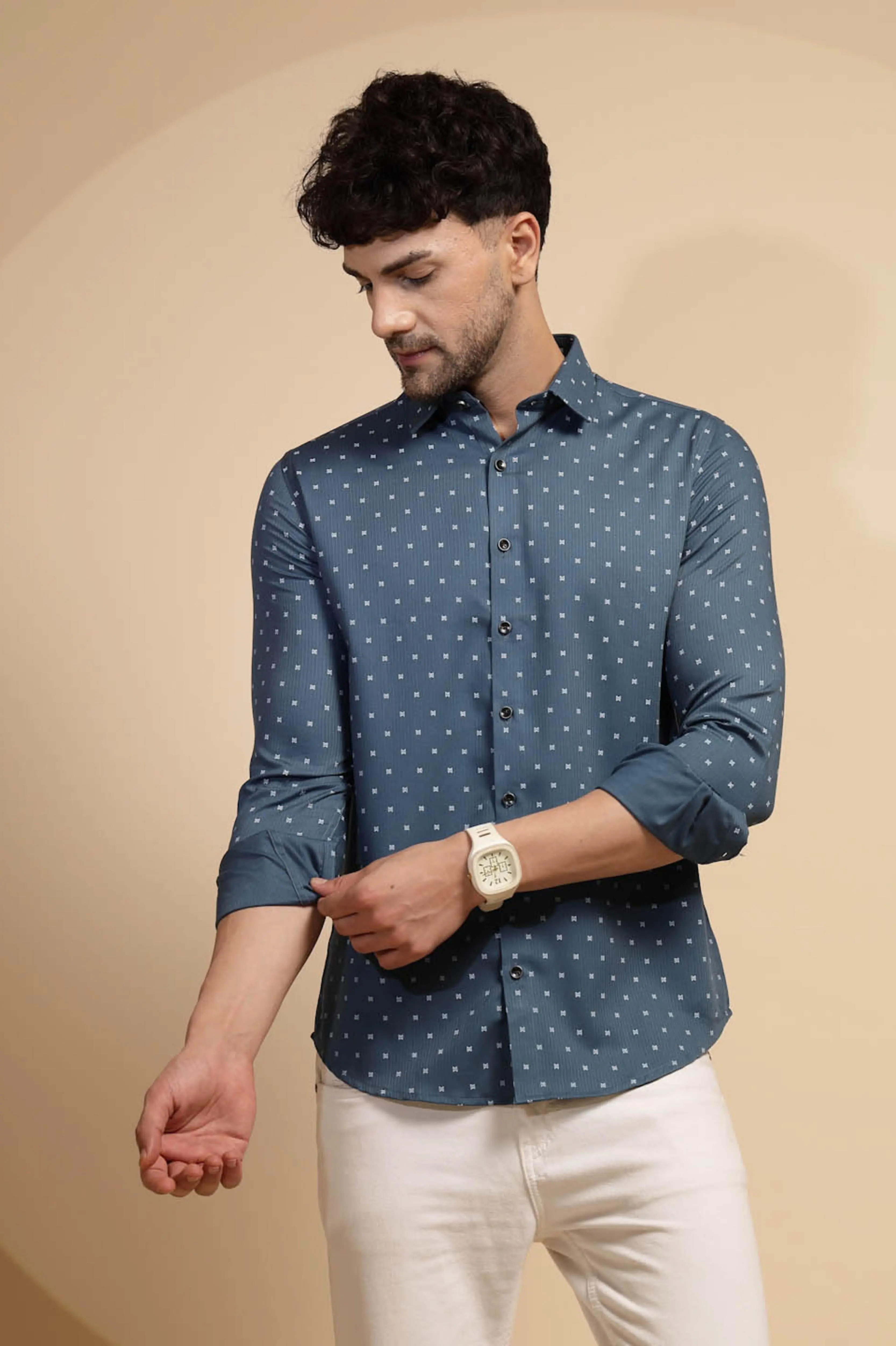 Blue Printed Full Sleeve Collared Neck Shirt - Image 6