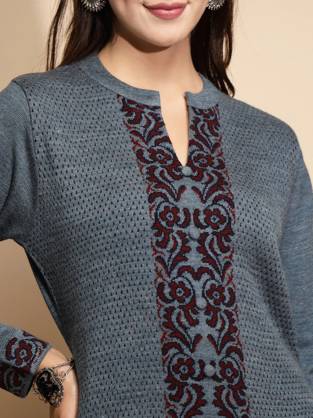 Blue Printed Woolen Kurta - Image 4