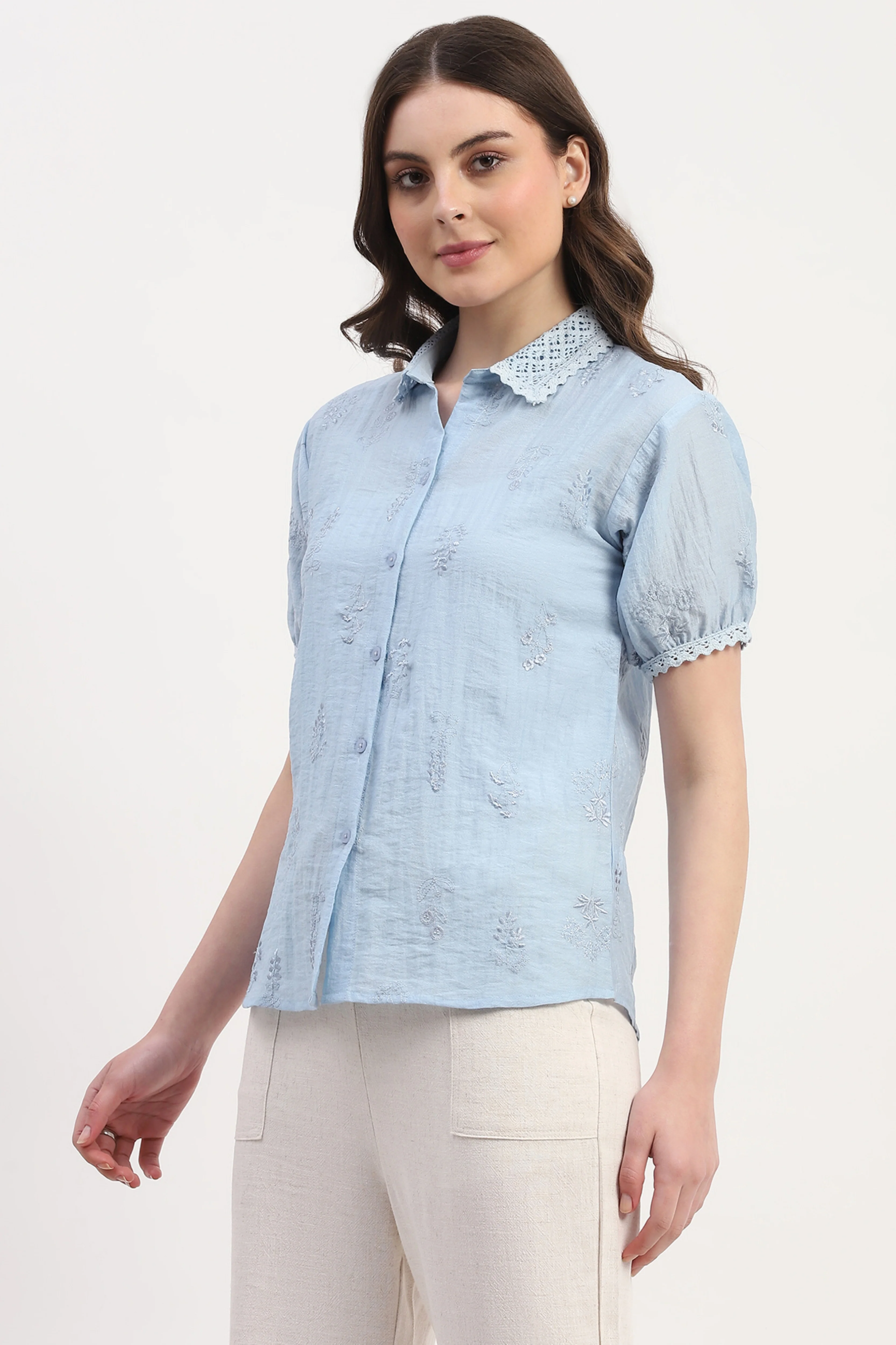 Blue Rayon Blend Embroidered Shirt - Image 4