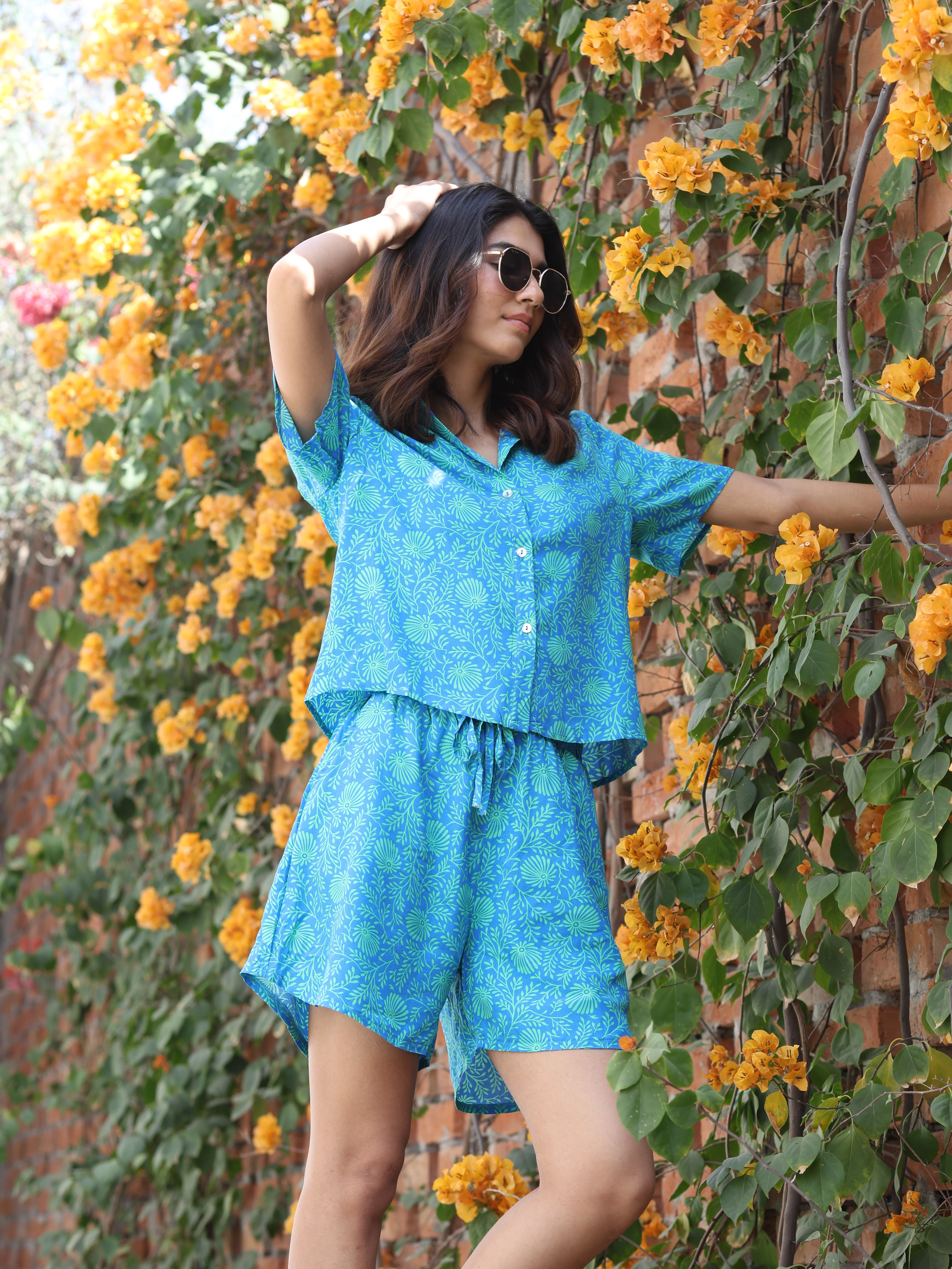 Blue Rayon Floral Print Nightsuit - Image 6