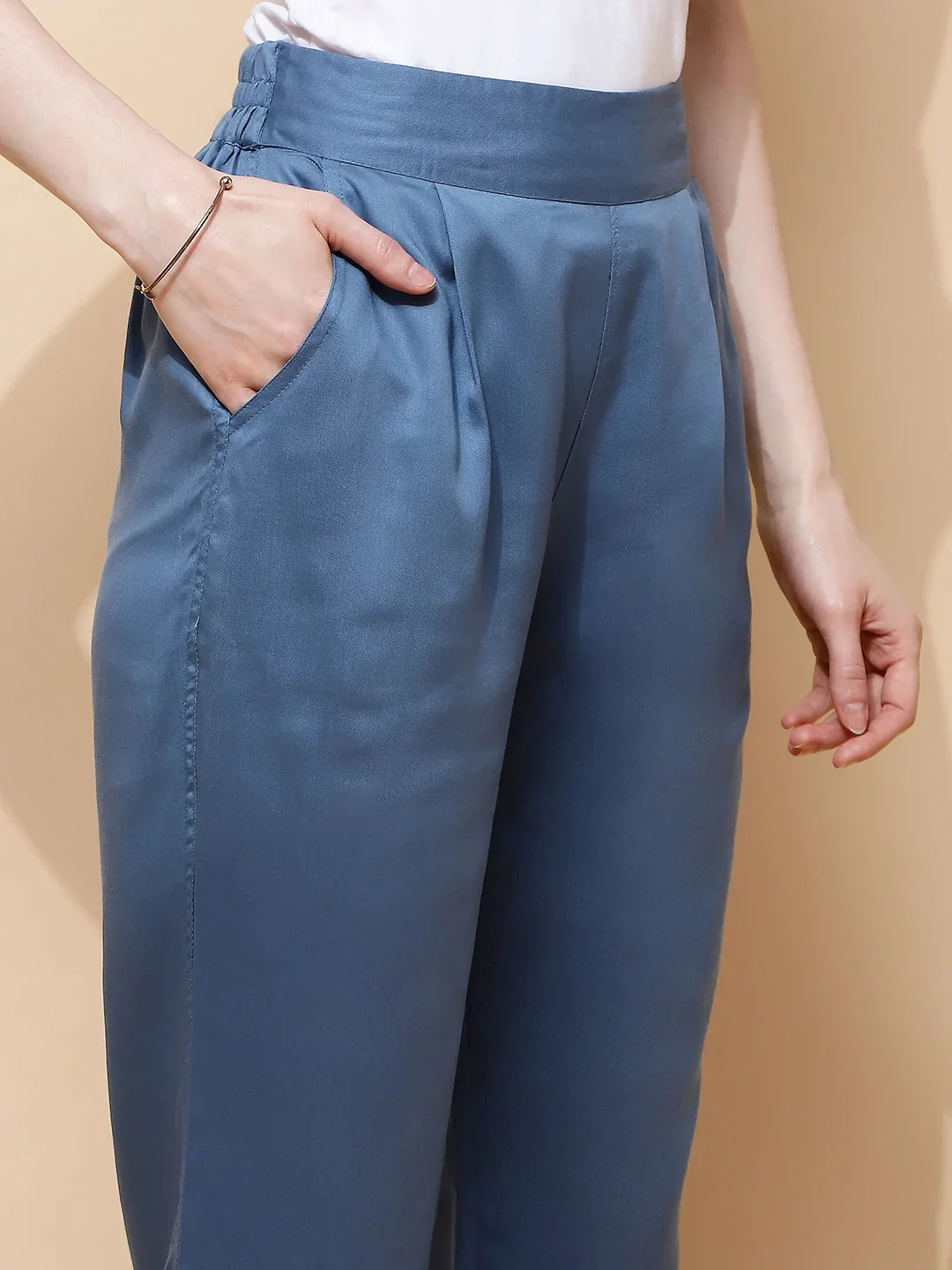 Blue Cotton Viscose Straight Fit Pants - Image 5