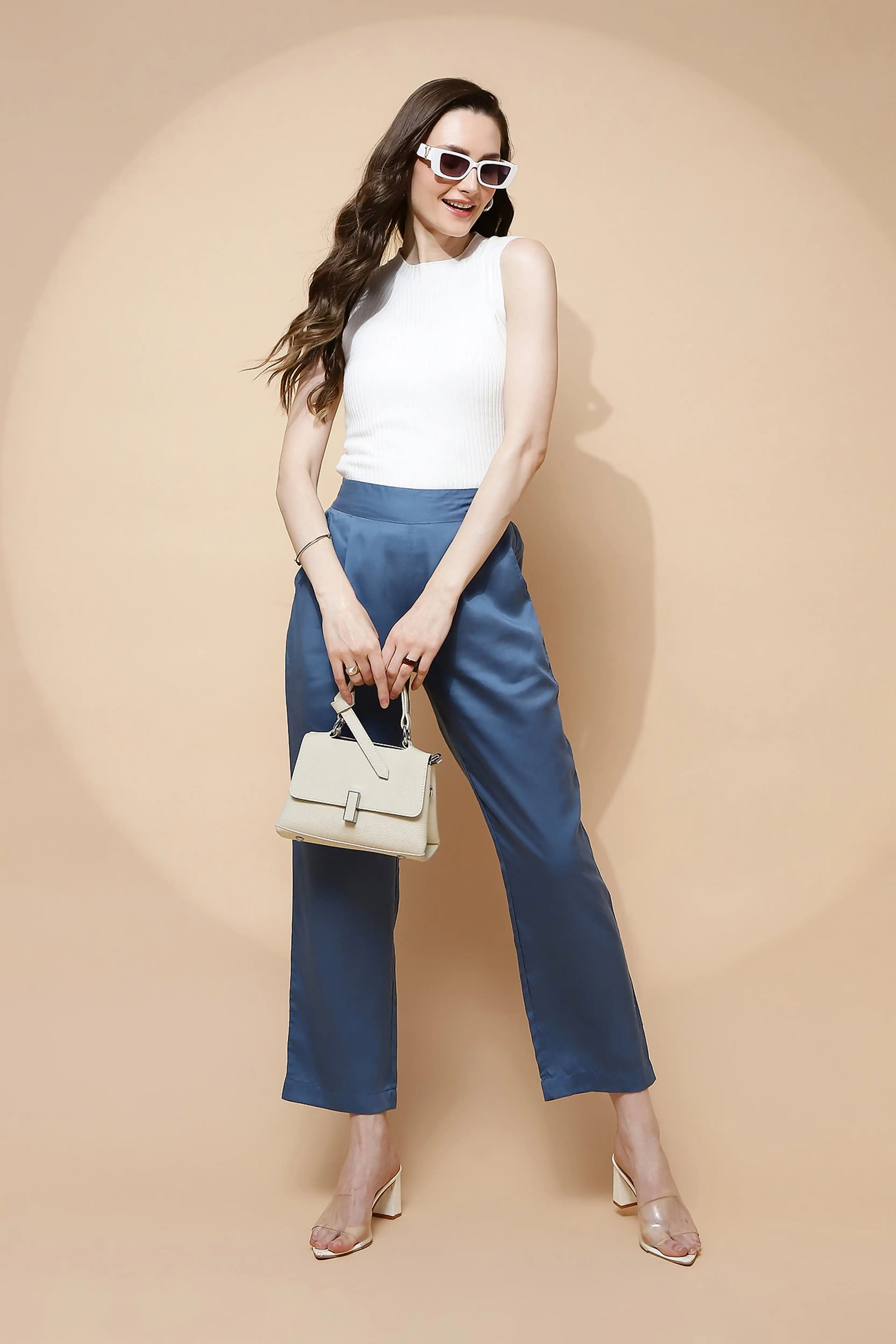 Blue Cotton Viscose Straight Fit Pants - Image 8
