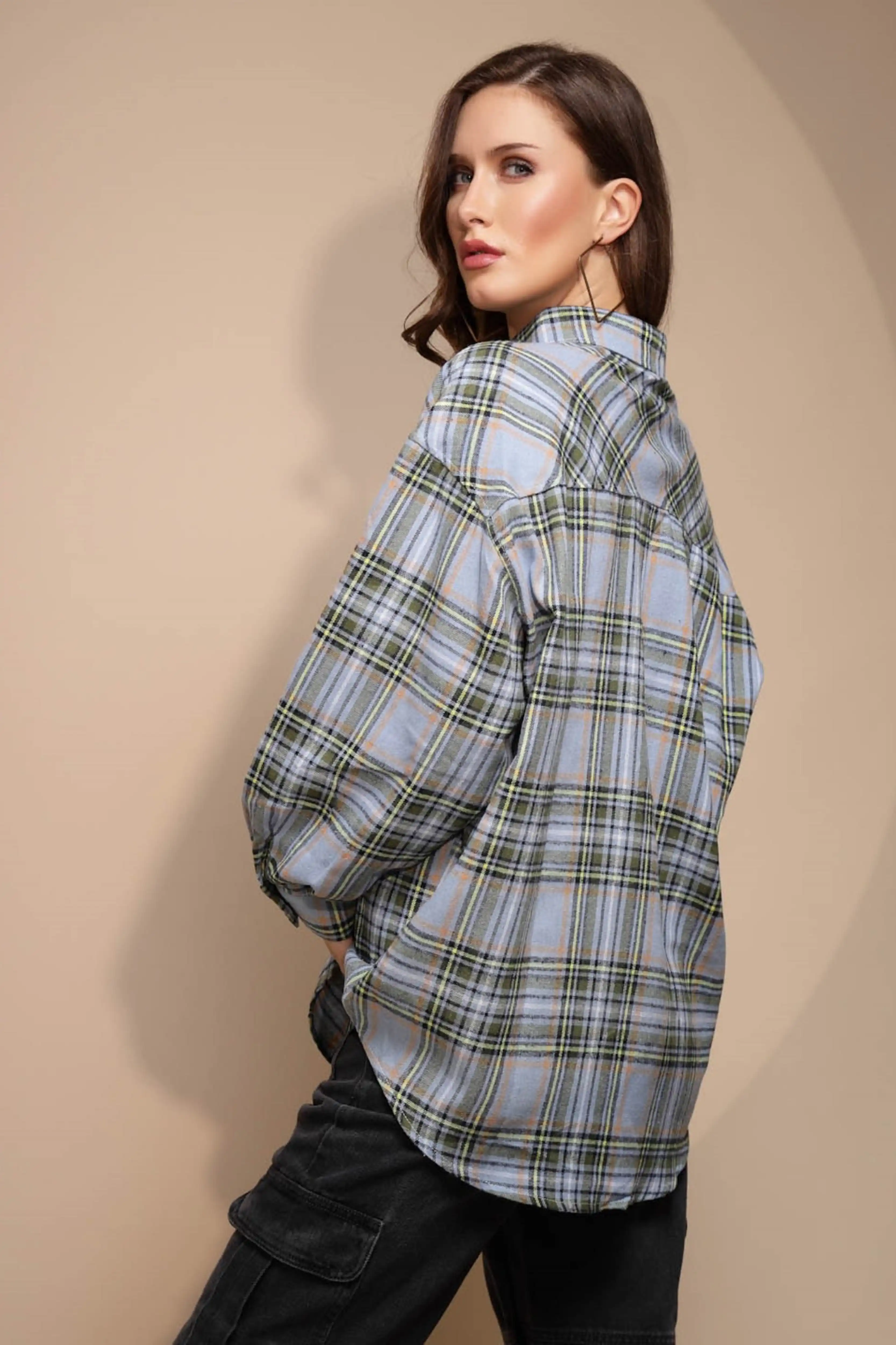Blue Check Cotton Loose Shirt - Image 3
