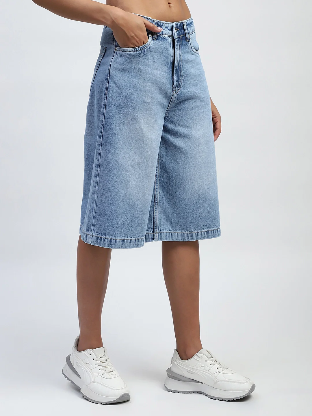 Blue Solid Cotton Blend Loose Culottes - Image 12