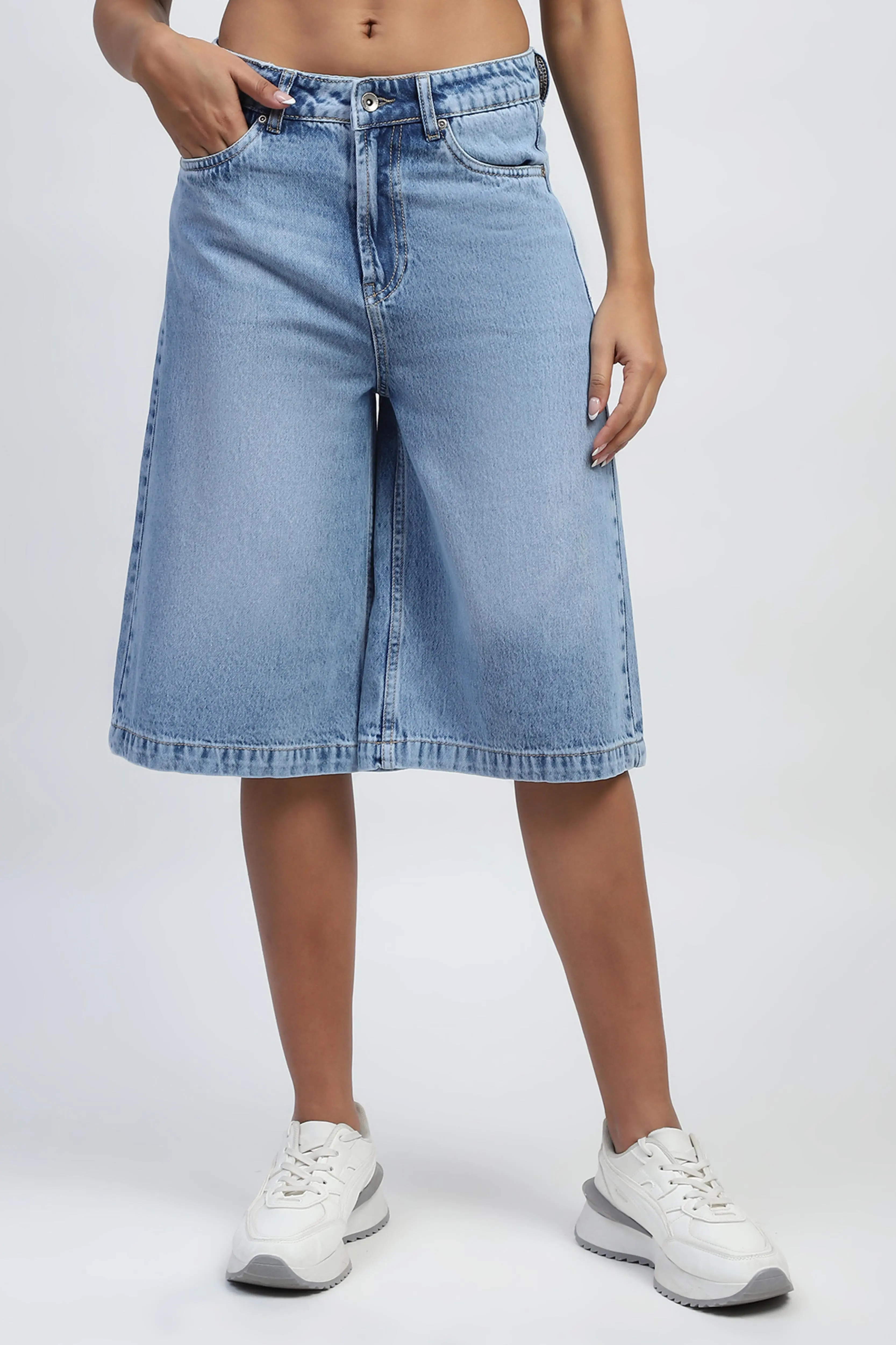 Blue Solid Cotton Blend Loose Culottes - Image 2