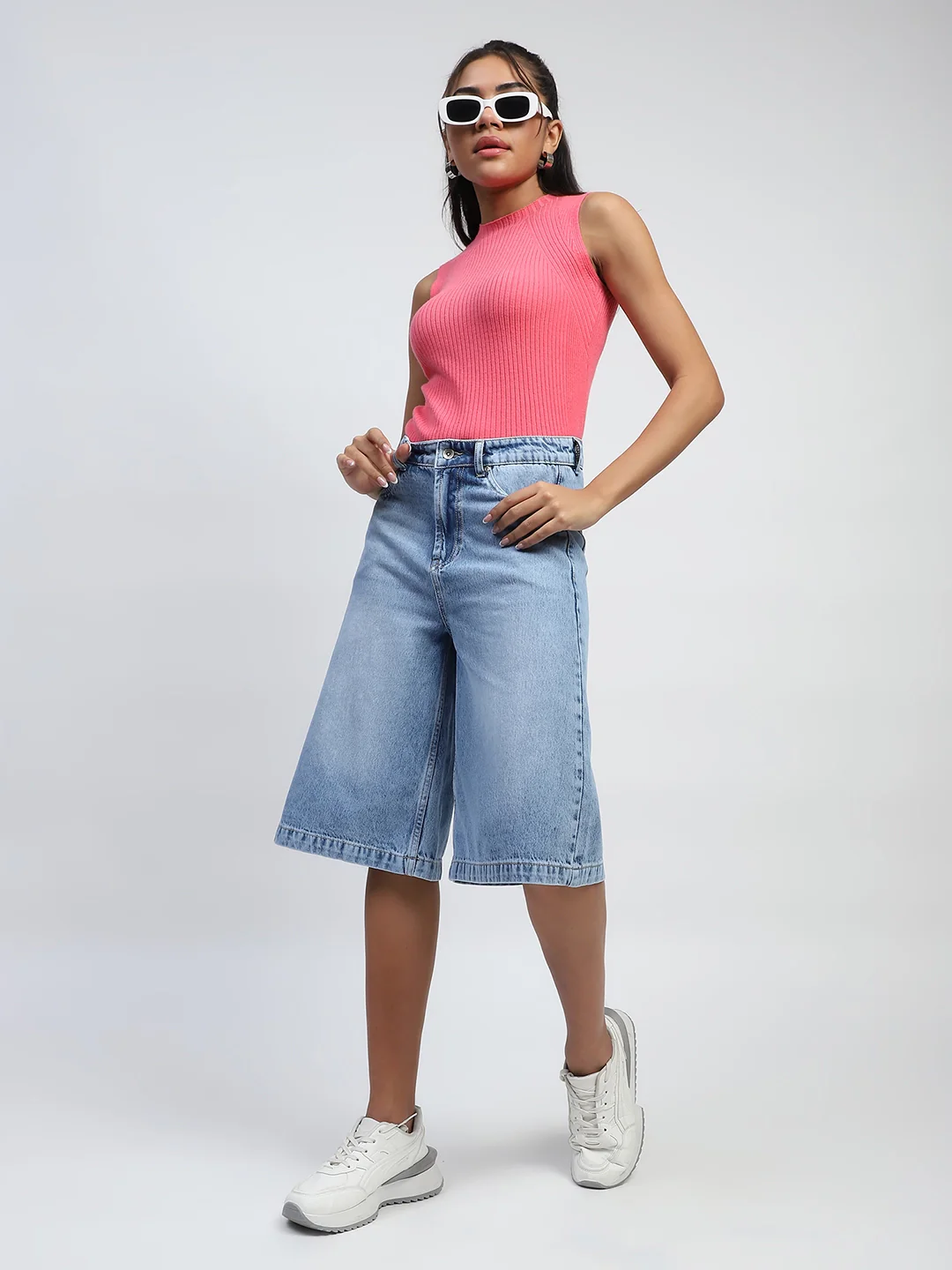 Blue Solid Cotton Blend Loose Culottes - Image 9