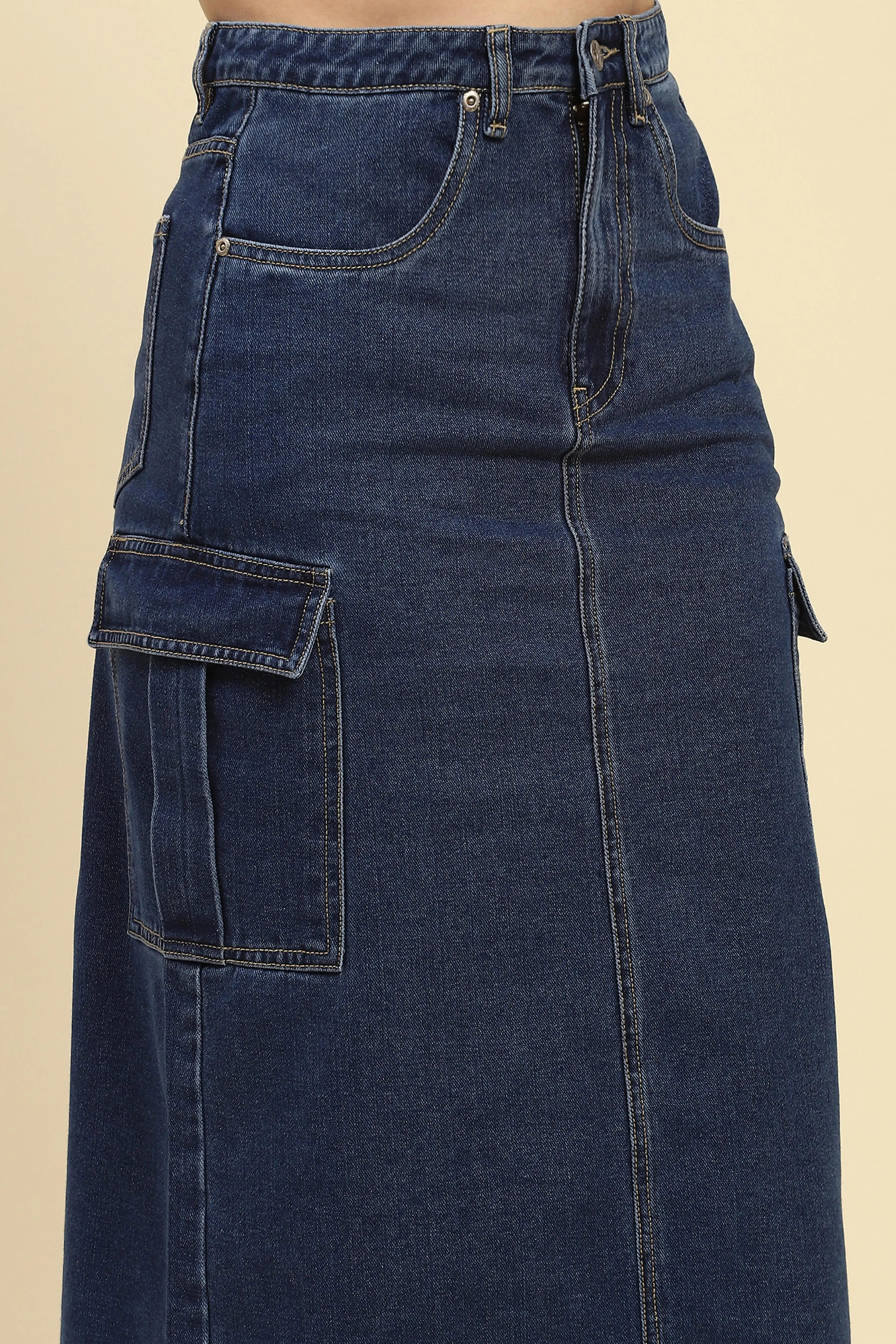 Blue Solid Cotton Blend Slim Fit Skirt - Image 5