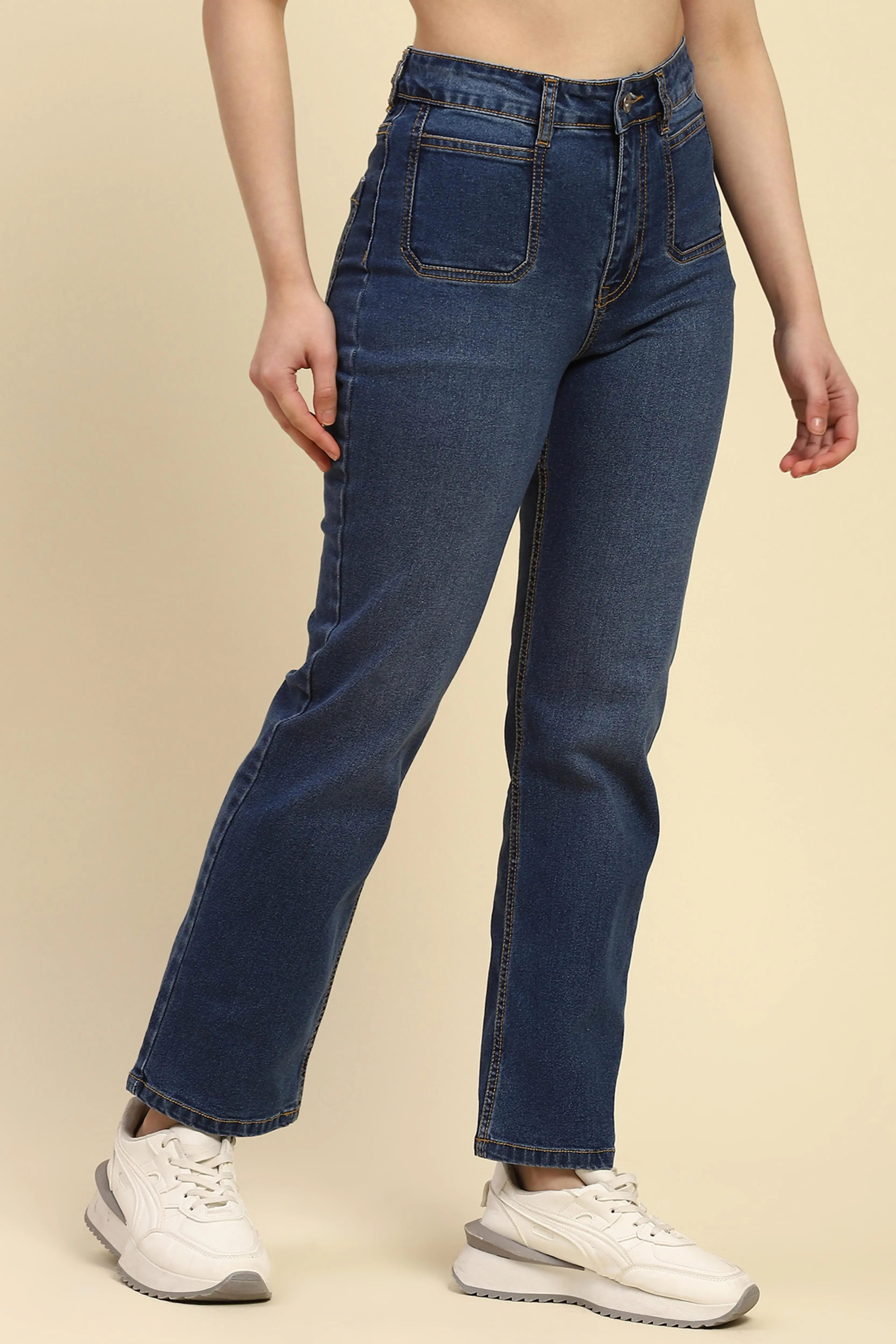 Blue Cotton Blend Straight Jeans - Image 3