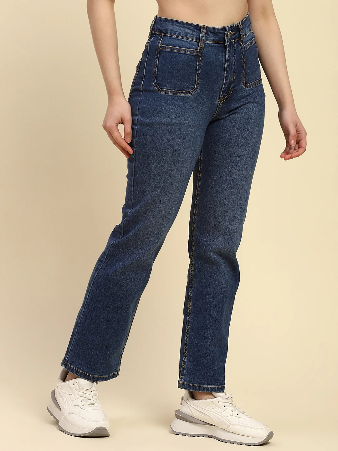 Blue Cotton Blend Straight Jeans - Image 7