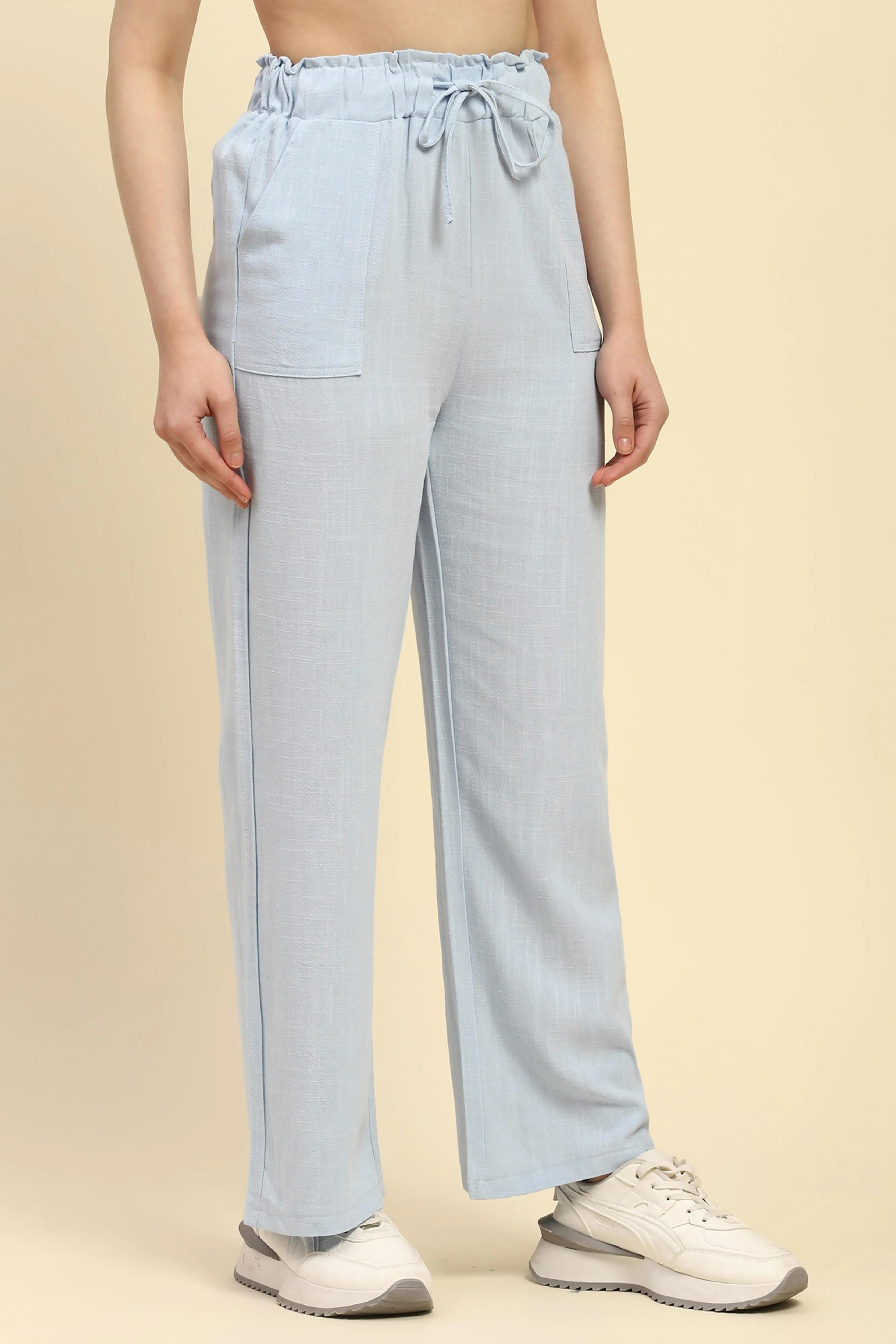 Blue Solid Cotton Linen Relaxed Lower - Image 3