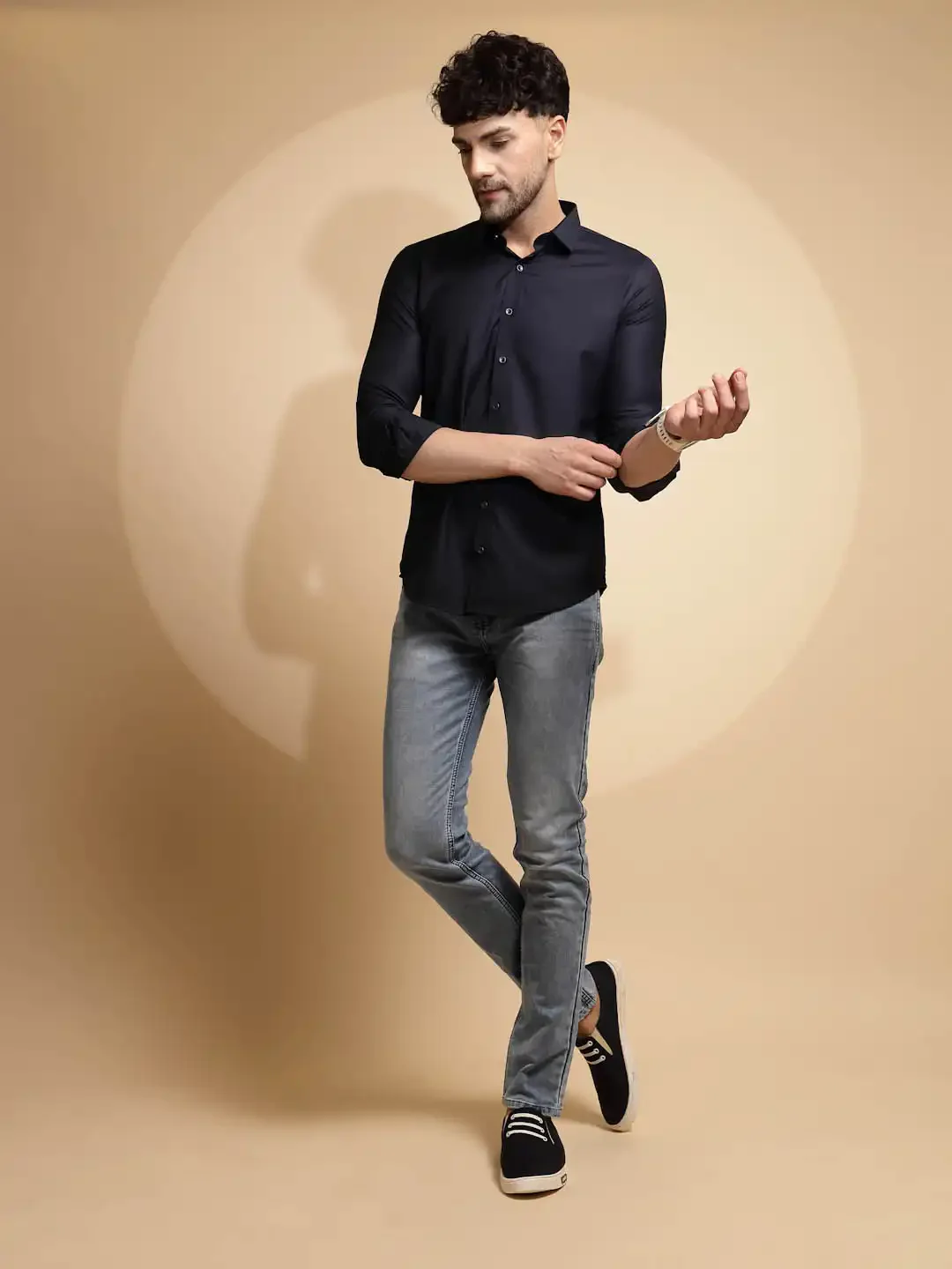 Blue Solid Full Sleeve Collar Neck Cotton Blend Shirt - Image 12
