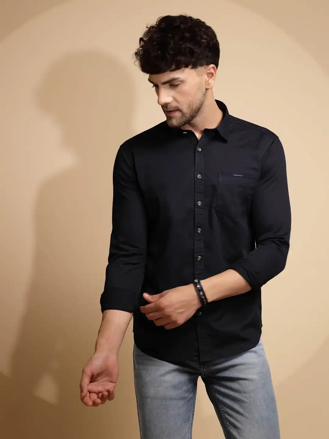 Blue Cotton Blend Solid Shirt - Image 8