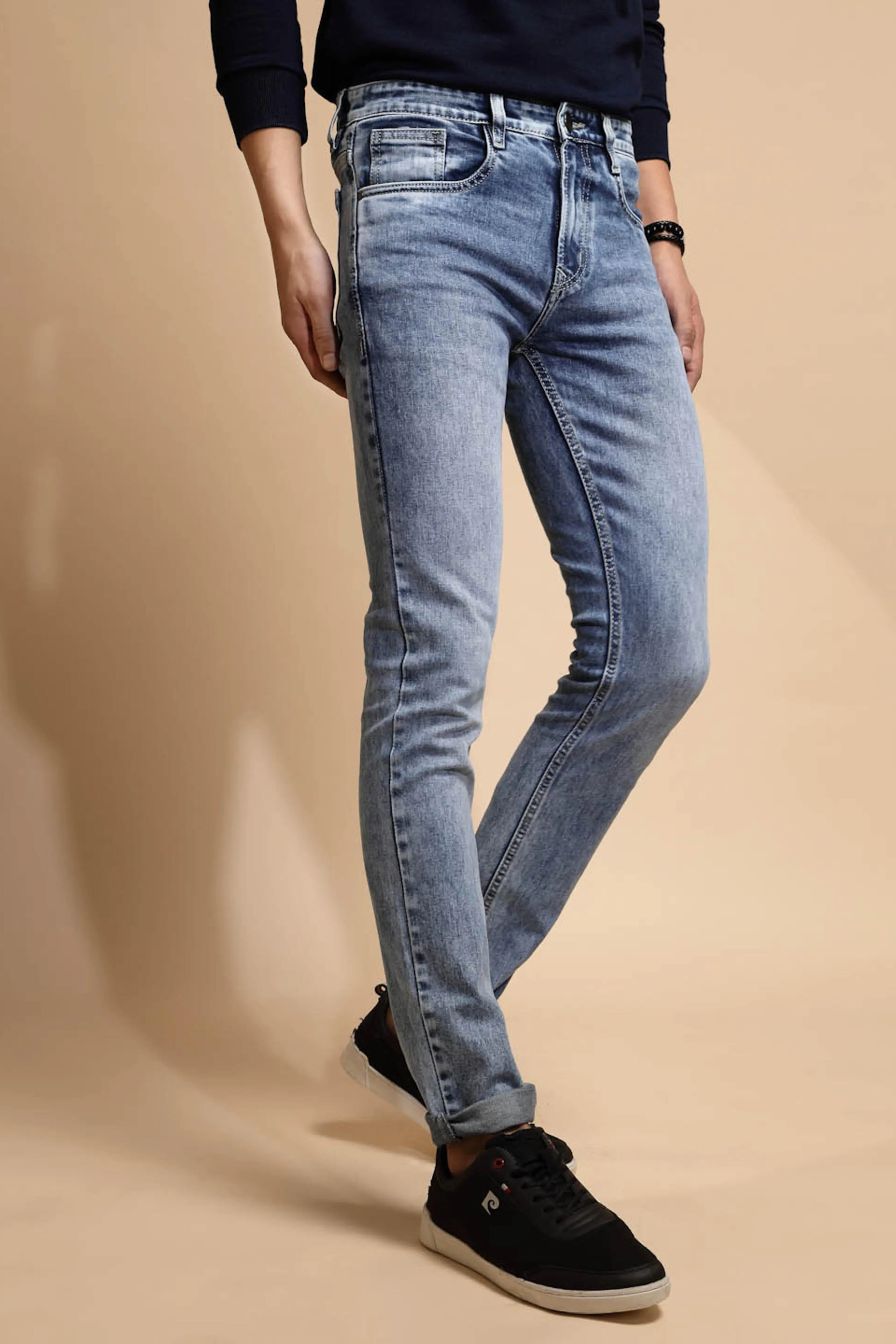 Light Blue Cotton Blend Slim Fit Jeans - Image 3