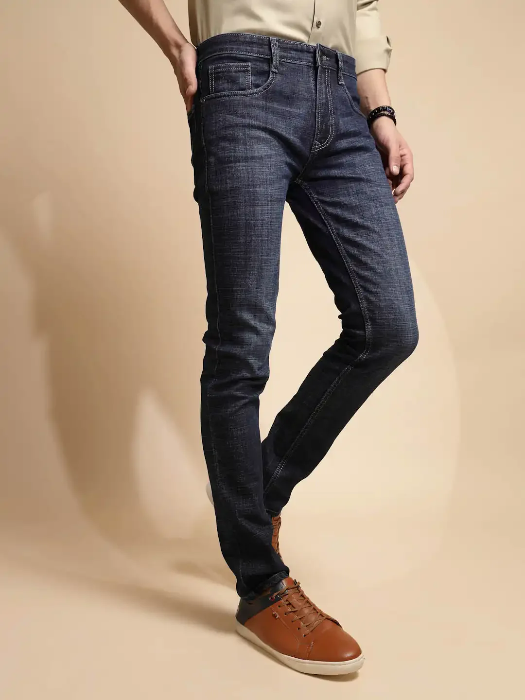 Dark Blue Solid Cotton Blend Jeans - Image 11