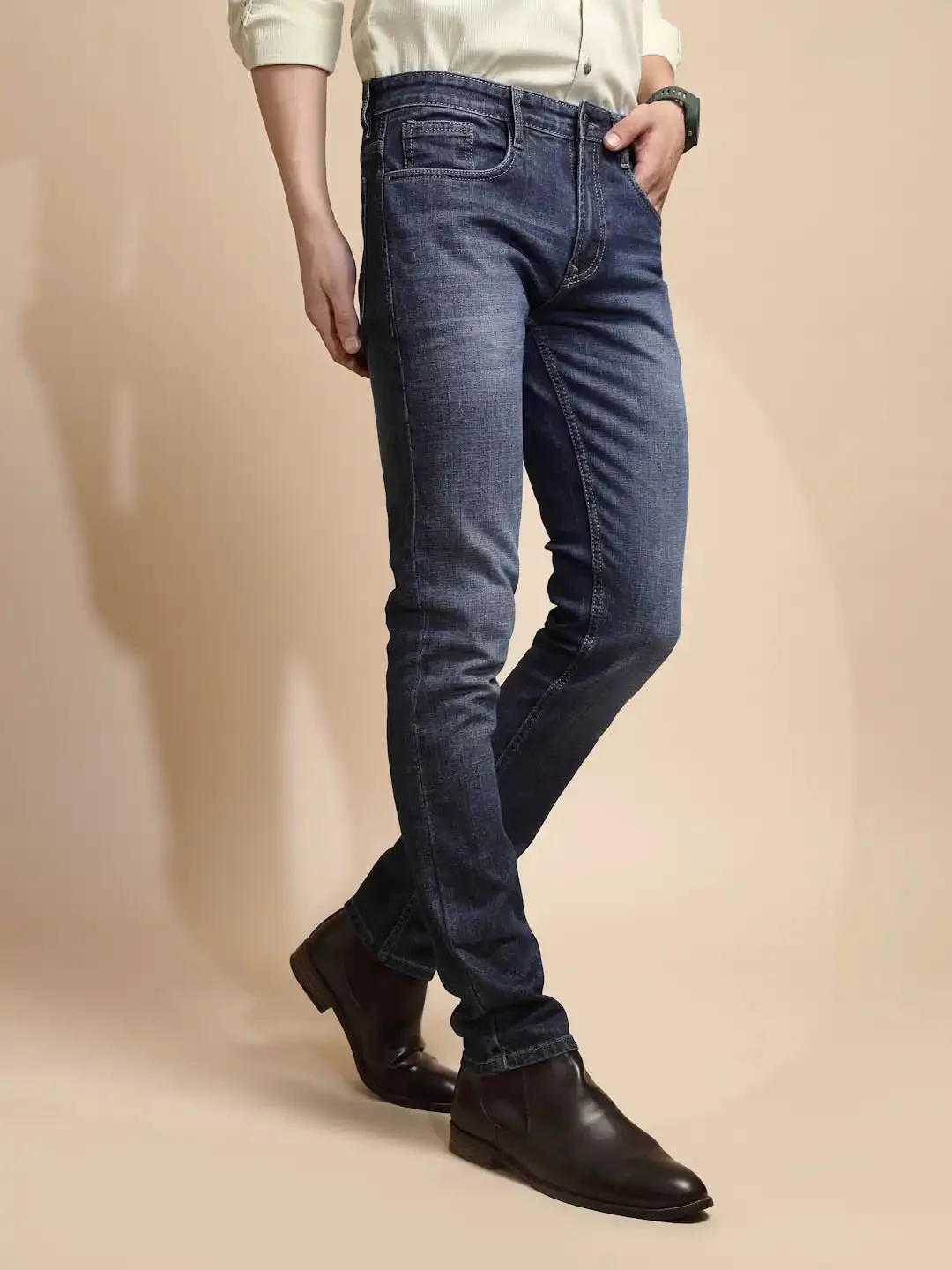 Medium Blue Solid Cotton Blend Jeans - Image 4