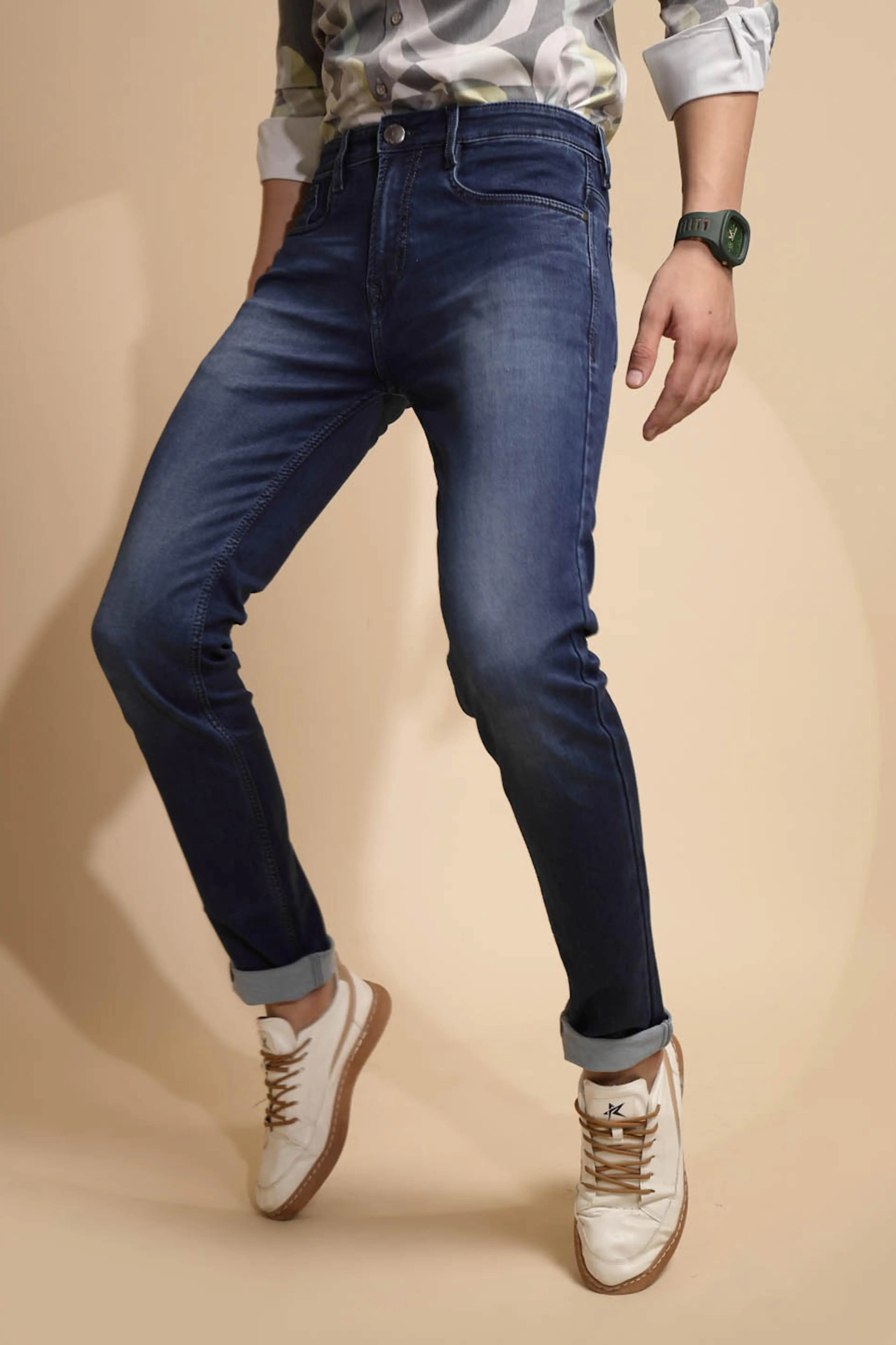 Solid Blue Mid Rise Cotton Blend Folding Jeans - Image 2